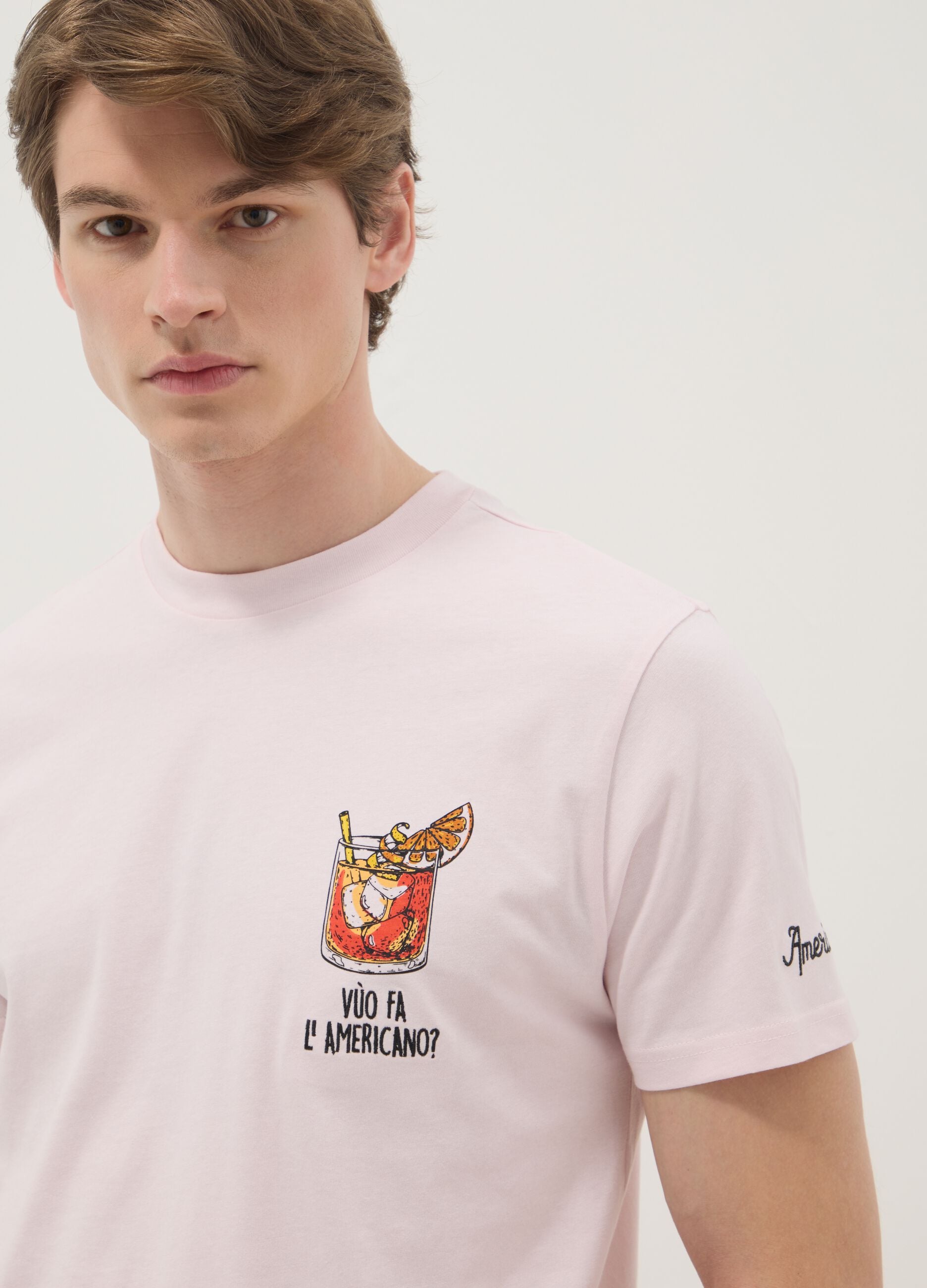 Regular fit pink pure cotton T-shirt with Americano prints