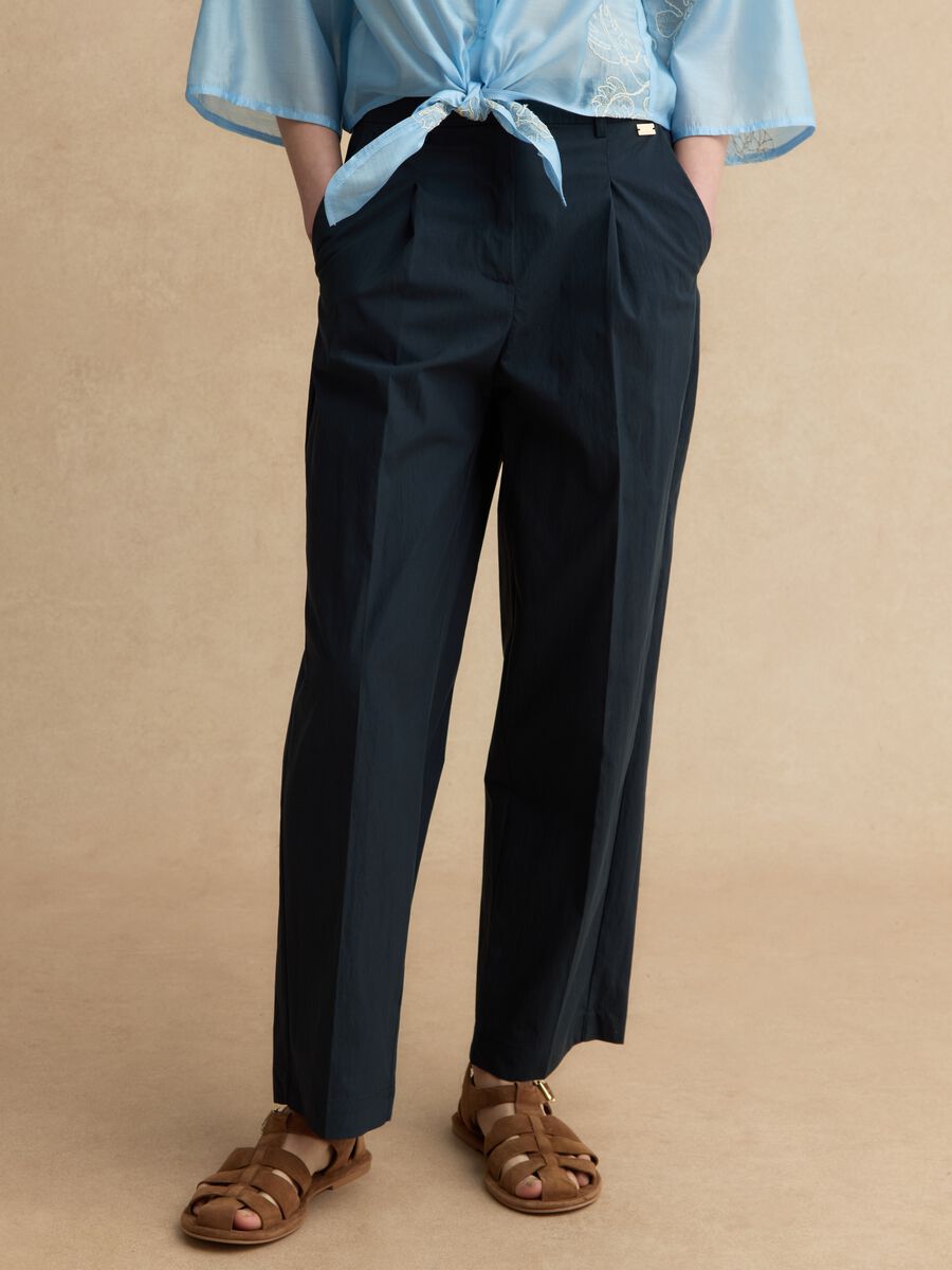 Blue cotton blend straight fit trousers_1