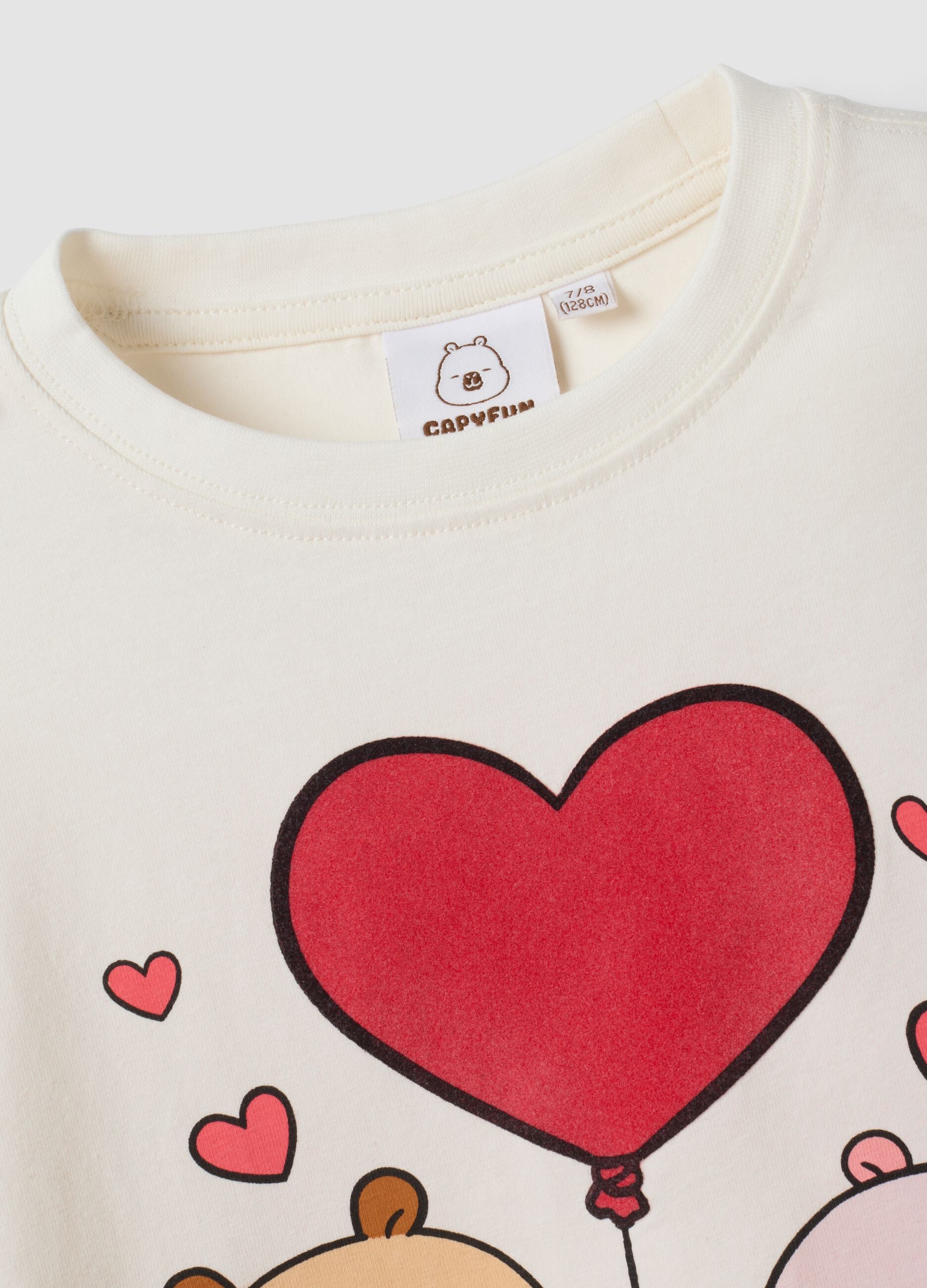 White stretch cotton capybara print T-shirt for girls