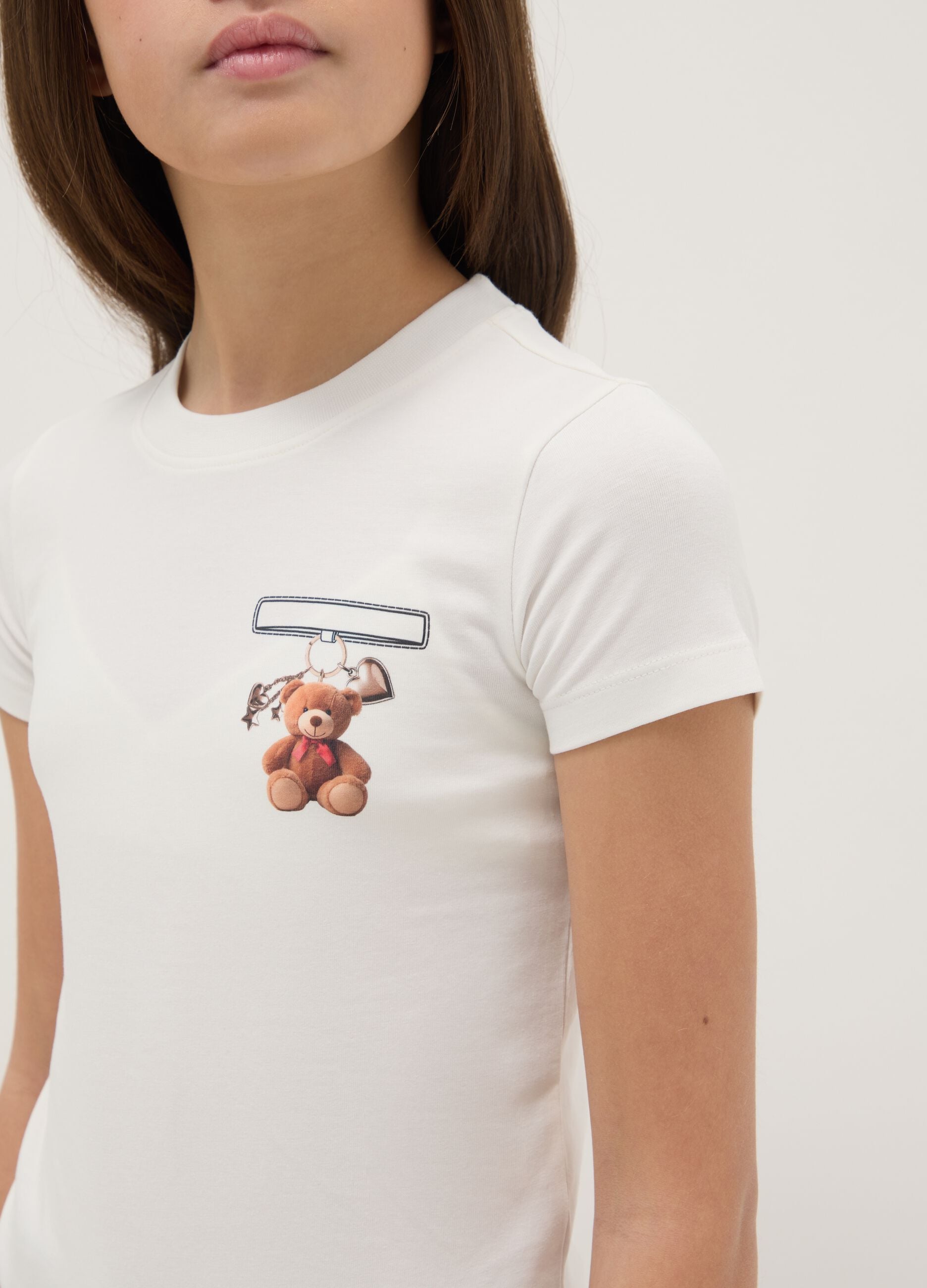 Girls' white stretch cotton fitted T-shirt