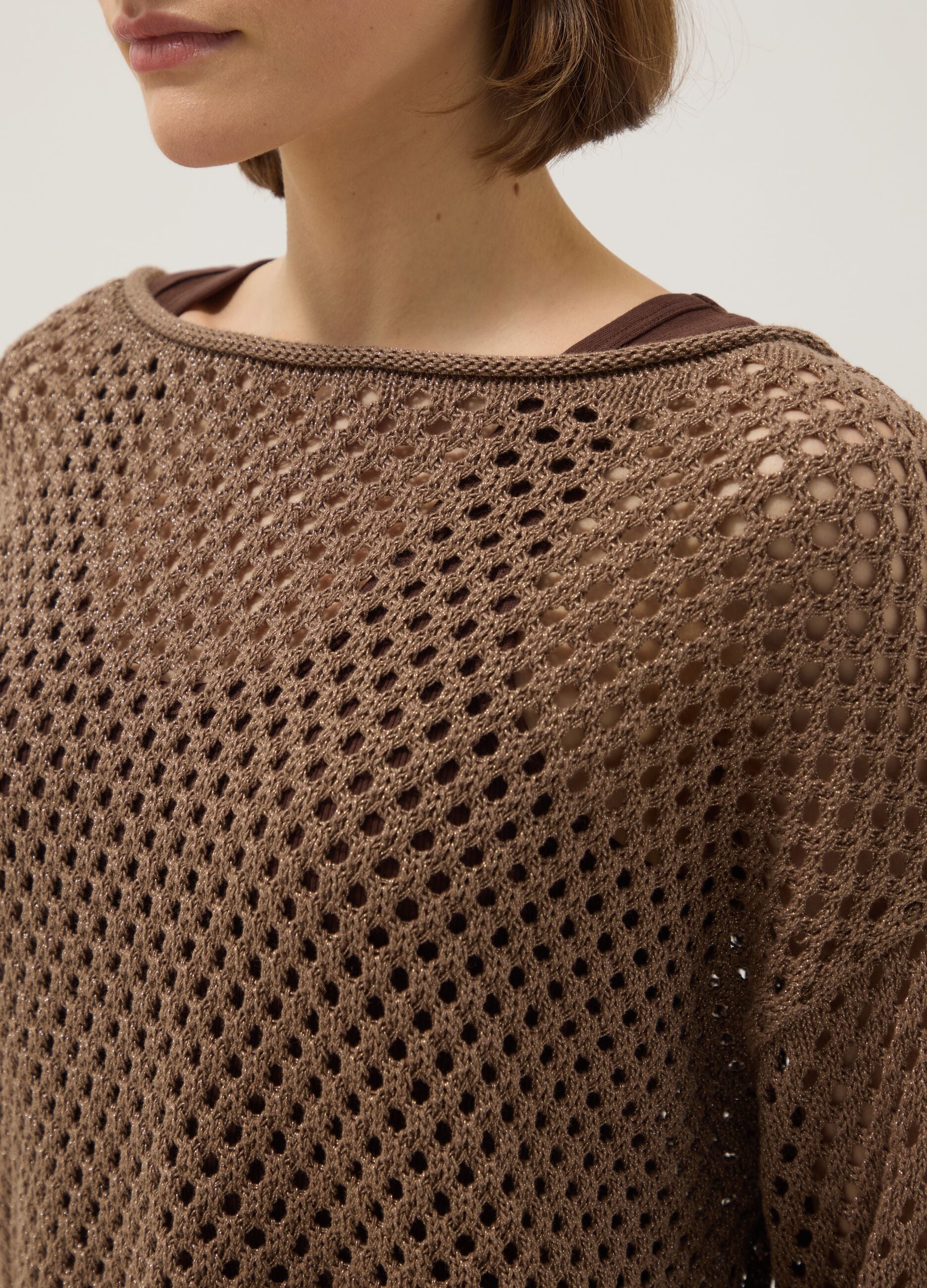Brown cotton-blend oversized fit net texture jumper