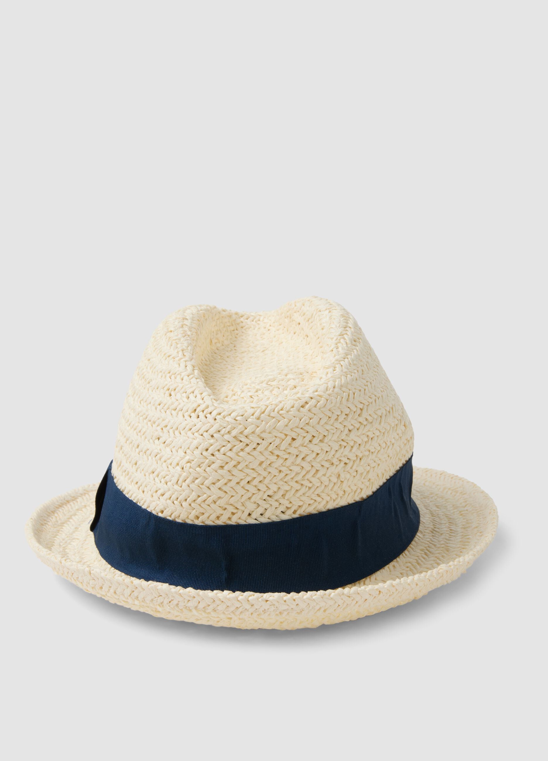 Beige paper-blend hat with blue band