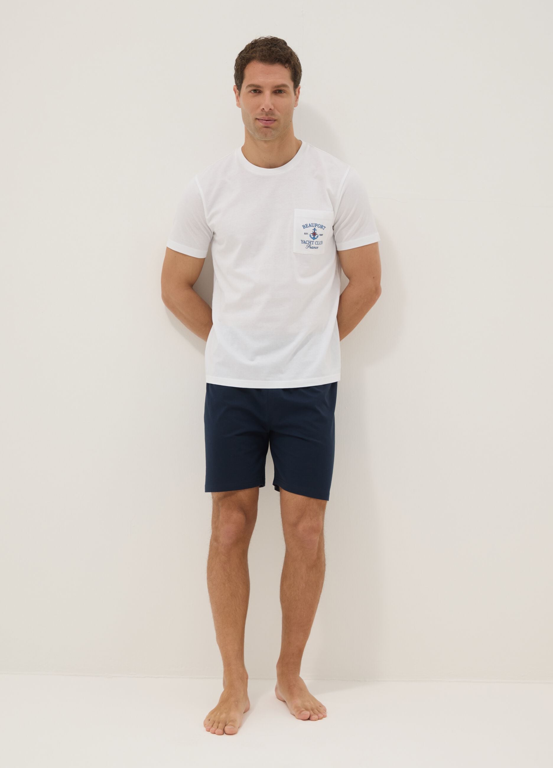 White and blue pure cotton jersey pyjamas, regular fit