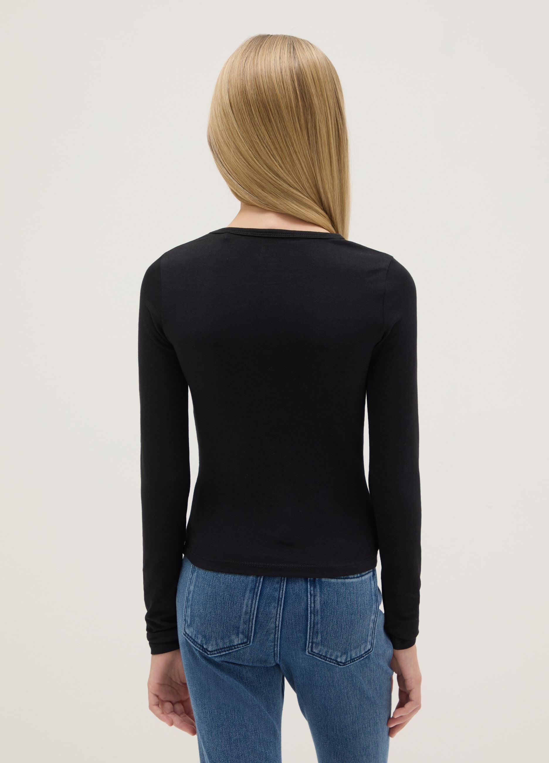 Girls' black long-sleeve cotton blend slim fit top