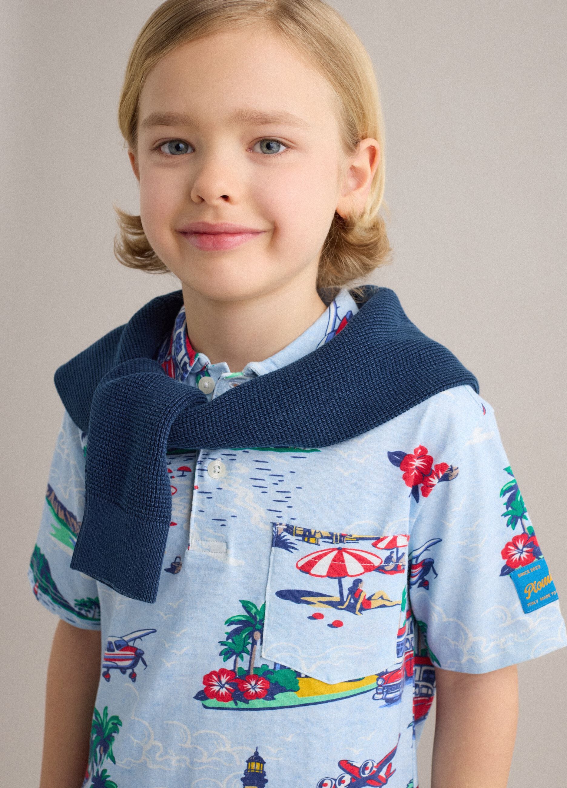 Multicolour pure cotton children's polo, regular fit with prints