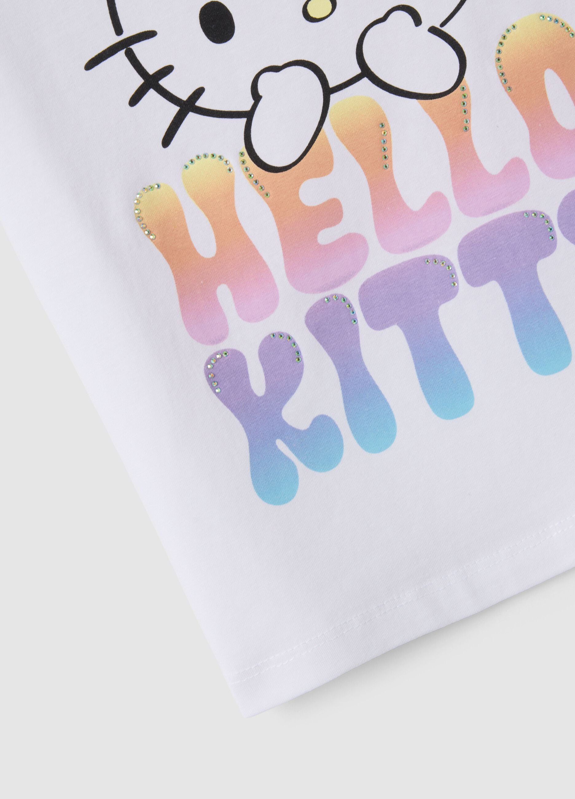 Girls' White Stretch Cotton T-shirt with Hello Kitty