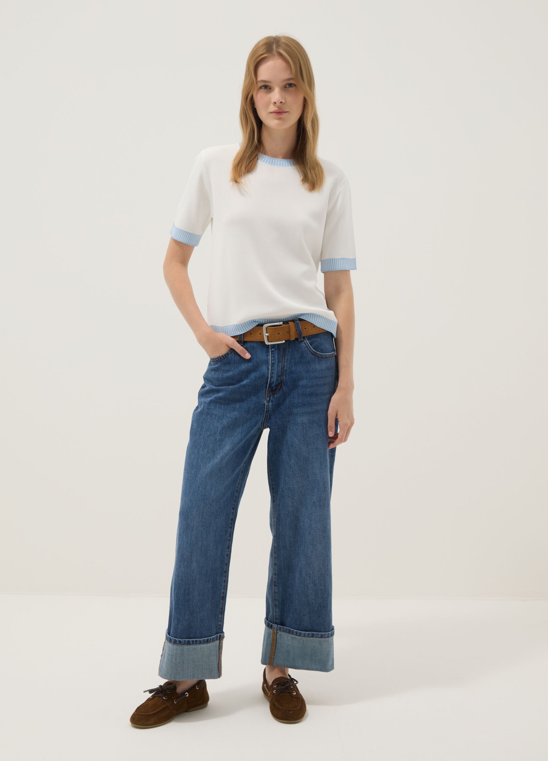 White viscose-blend T-shirt with contrast trims