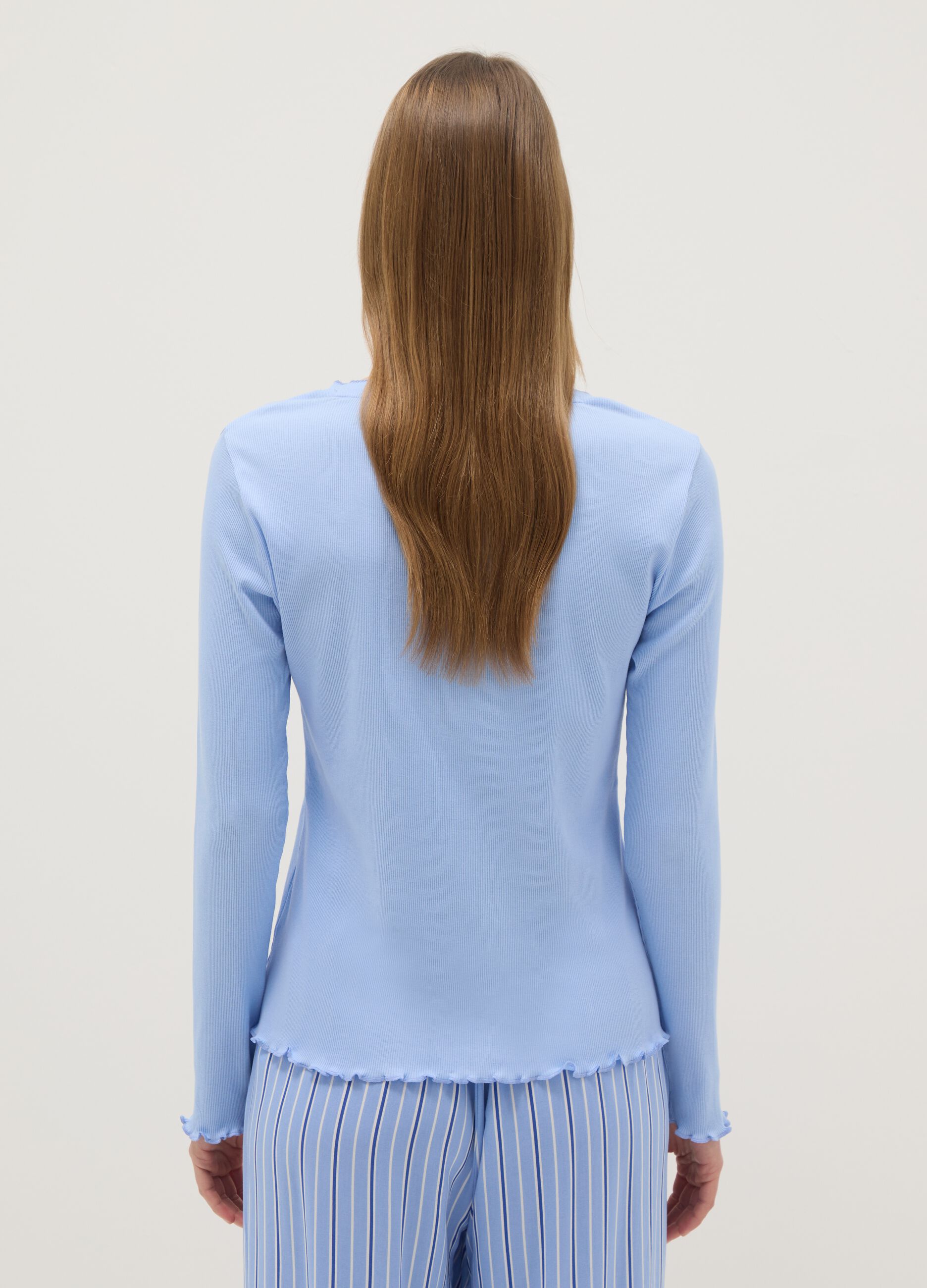 Pure cotton light blue regular fit pyjama top with Henley collar