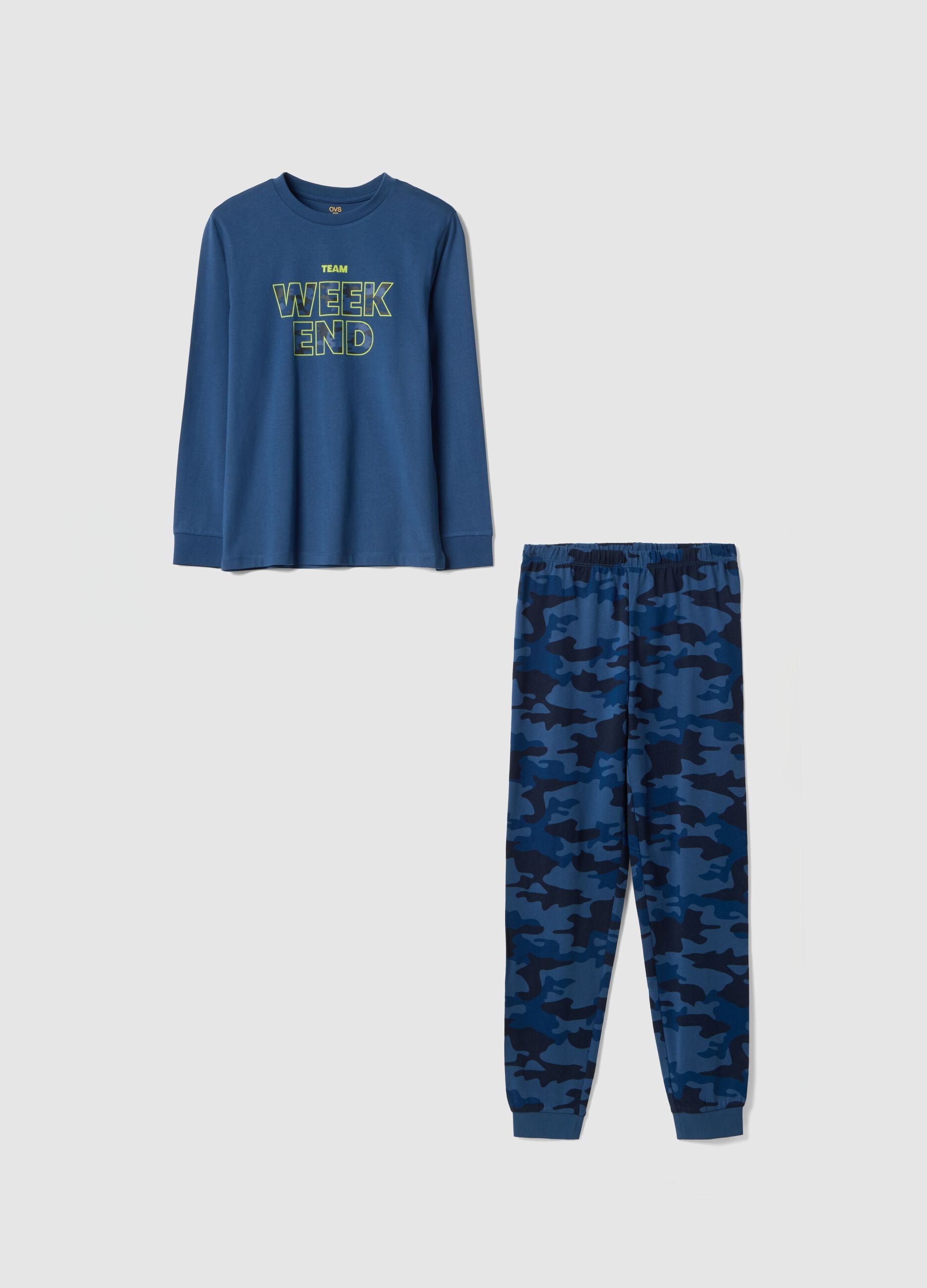 Boys' regular fit blue camouflage pure cotton pyjamas