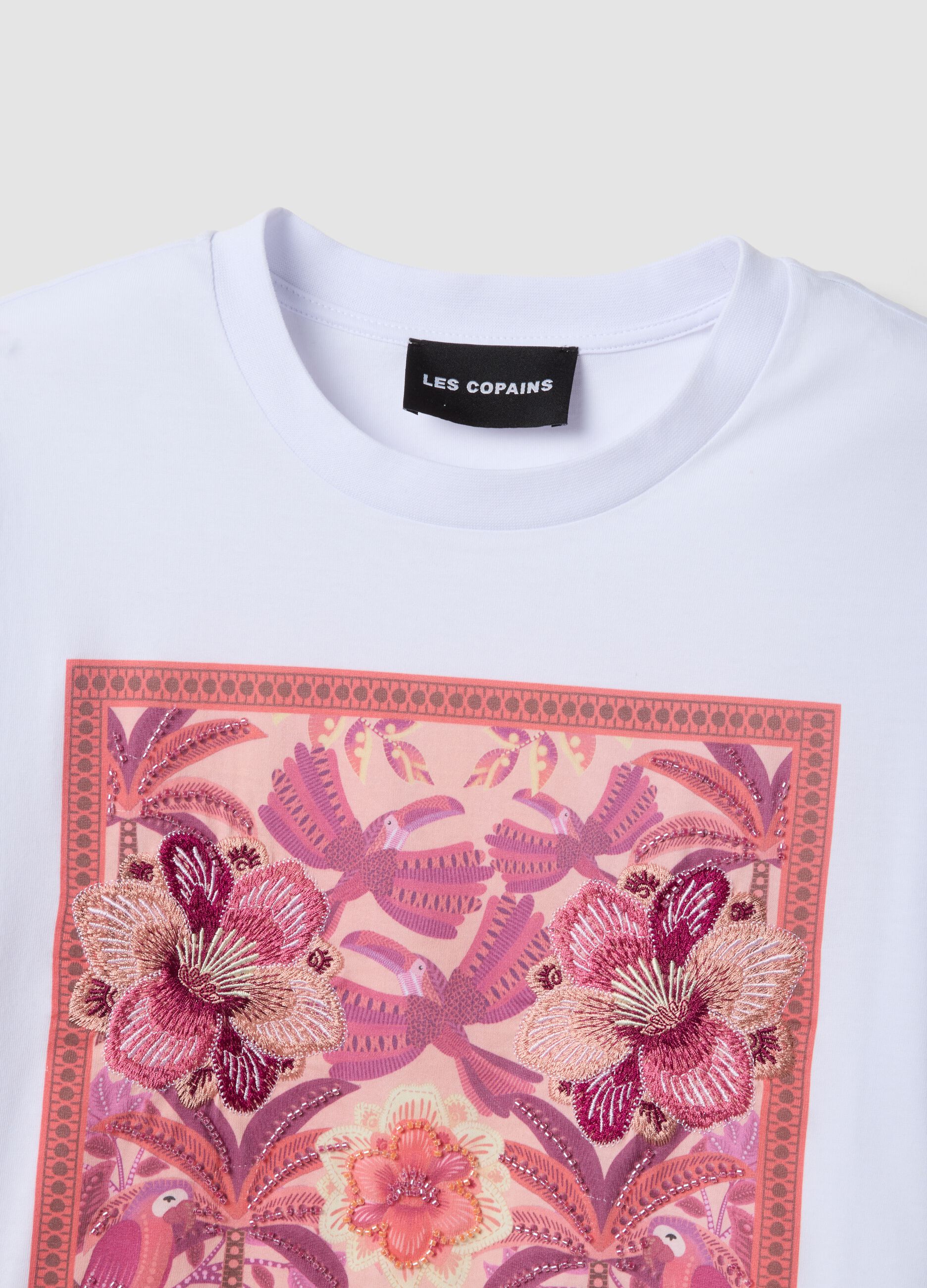 T-shirt bianca in puro cotone con stampa ricamata floreale