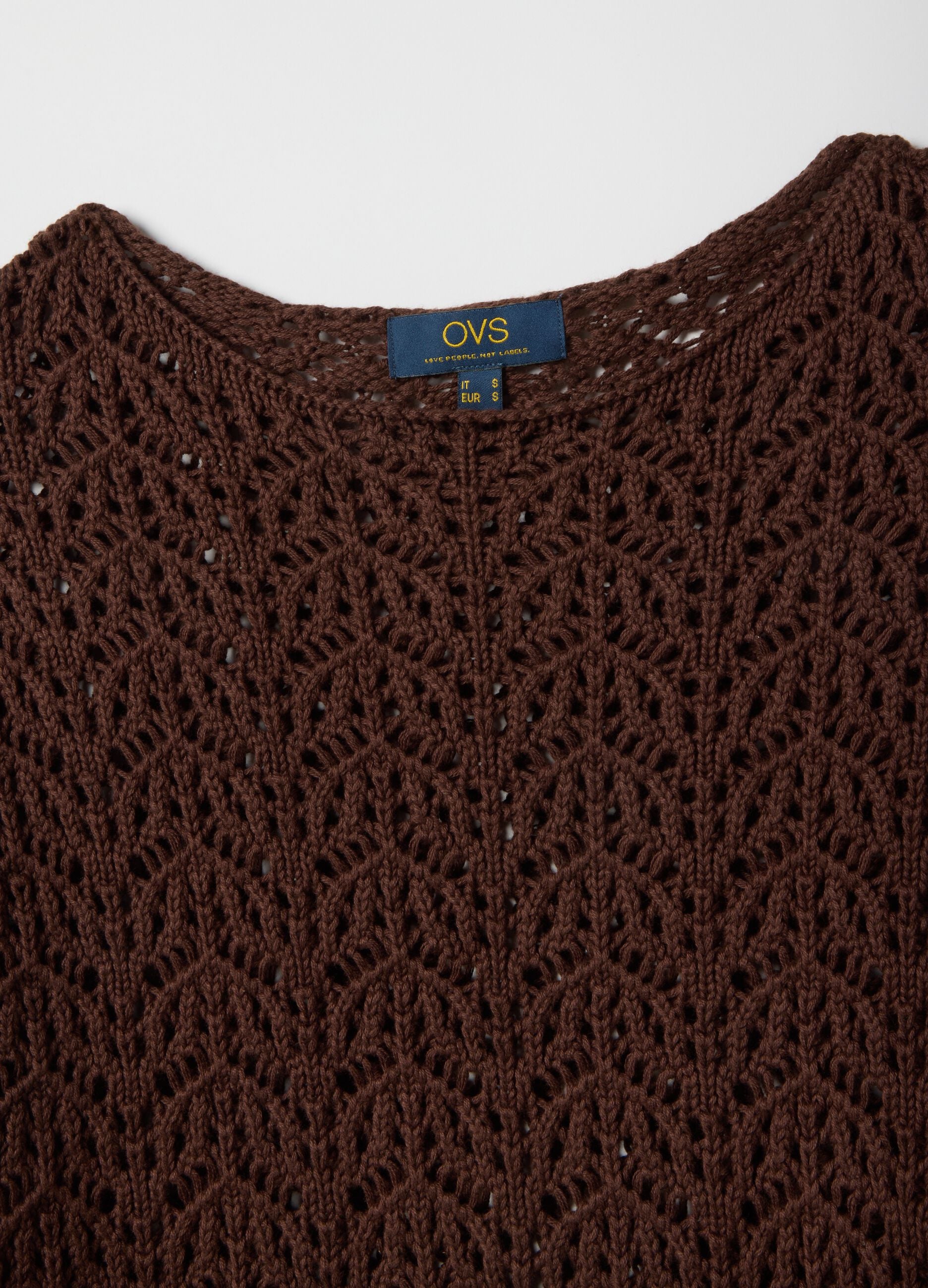 Brown pure cotton sweater with perforated pattern, regular fit