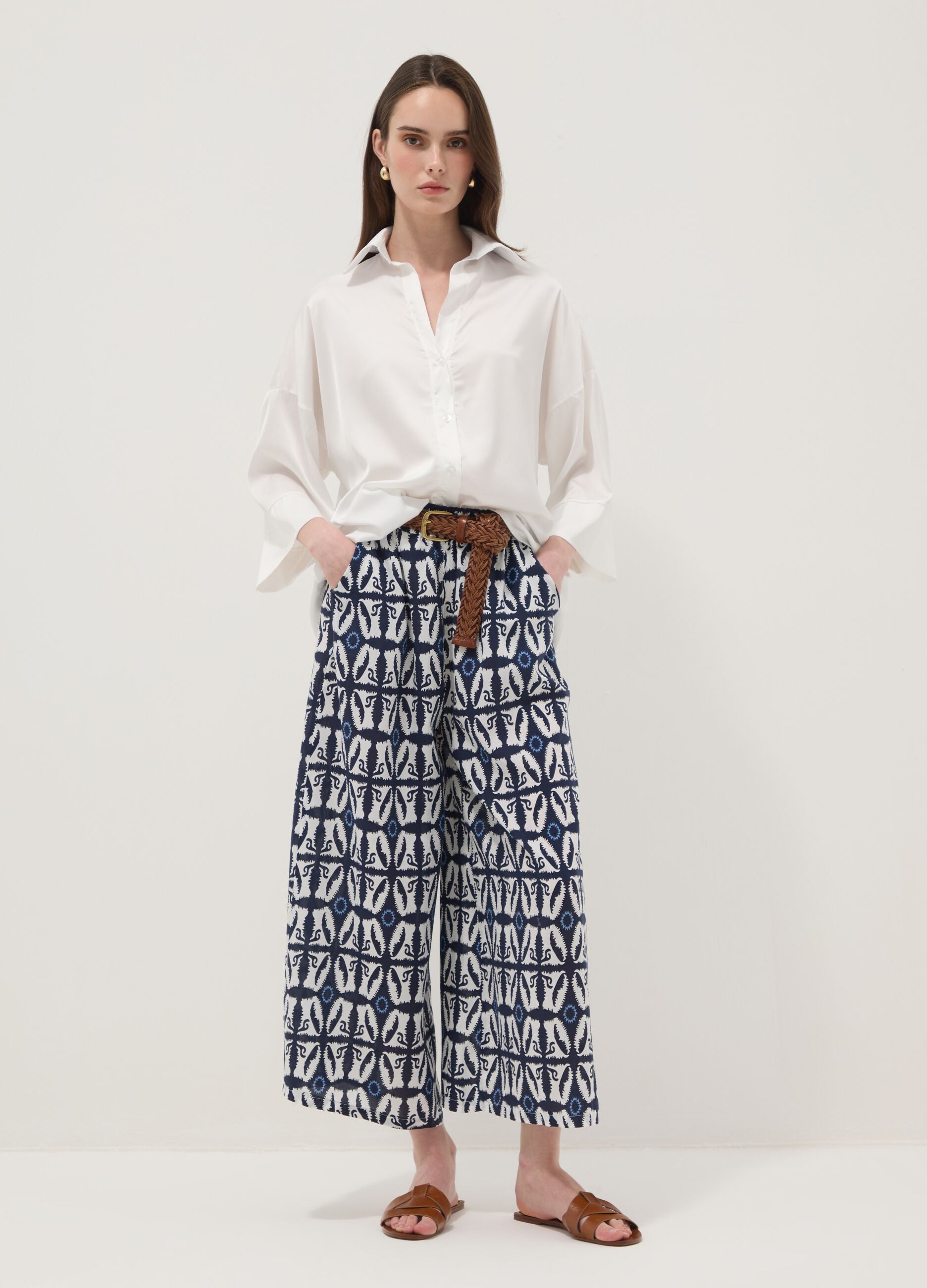 White pure-viscose printed trousers, regular fit