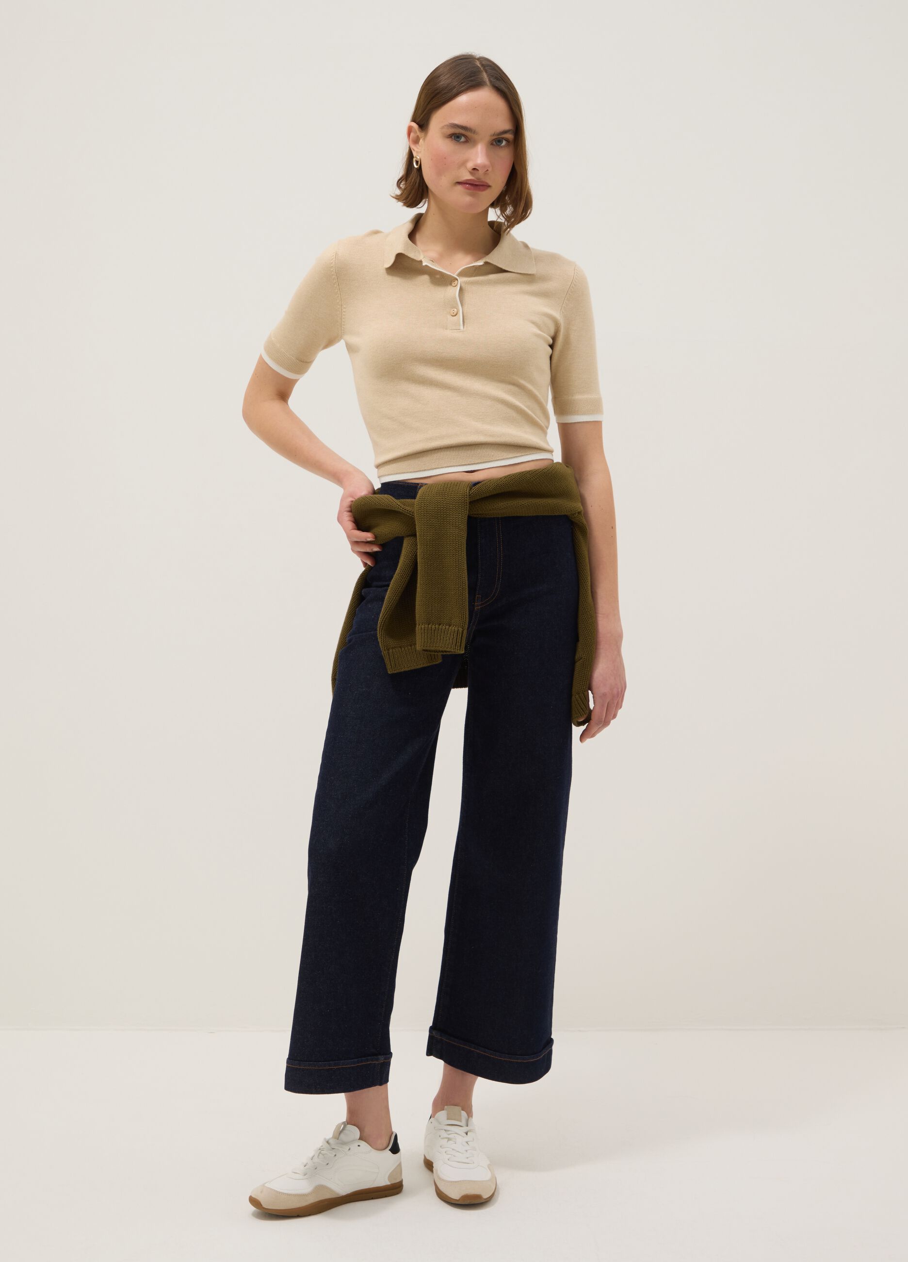 Beige Viscose Blend Polo Regular Fit