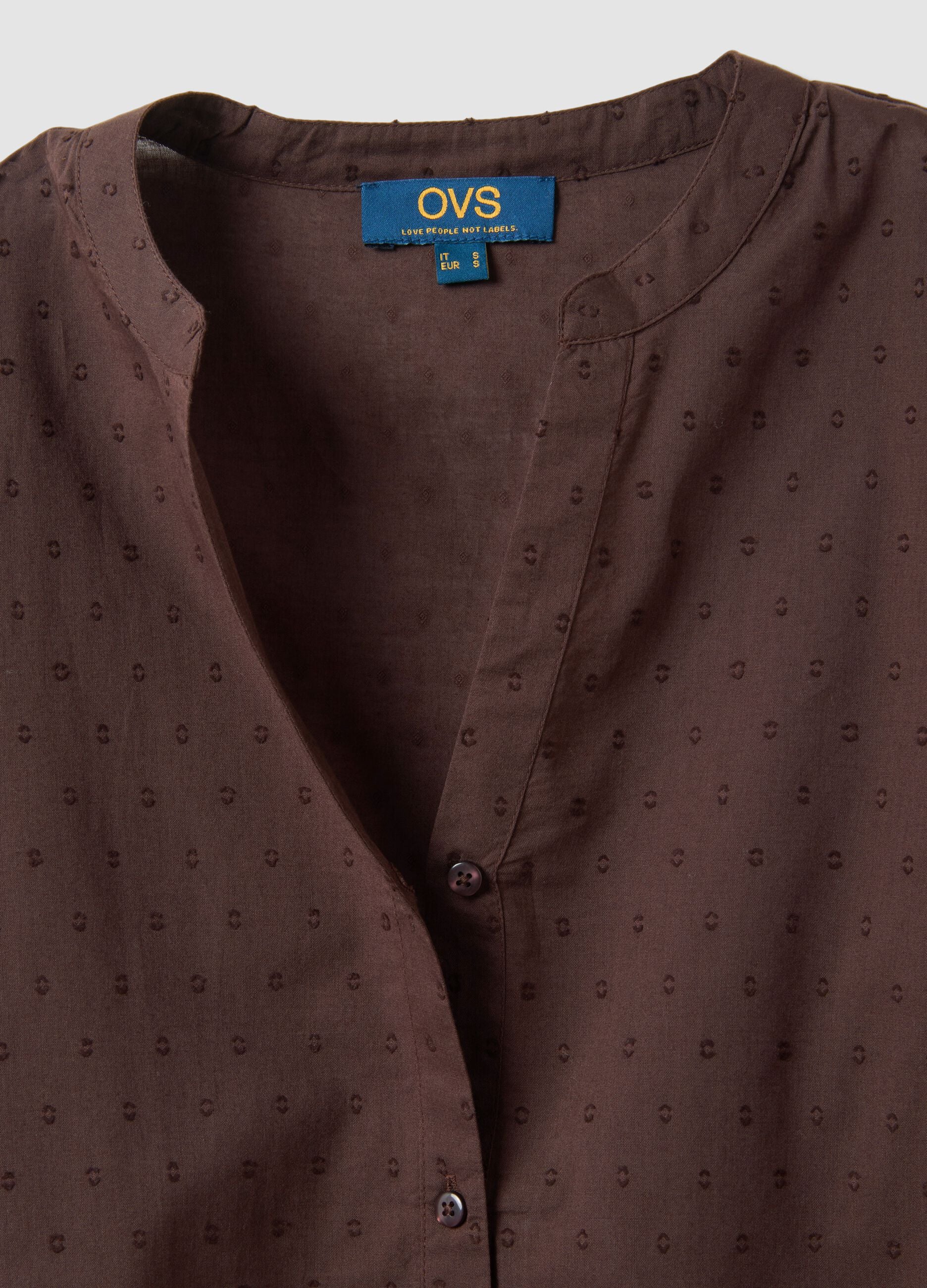 Brown pure cotton shirt with deep V-neck and polka dots, regular fit