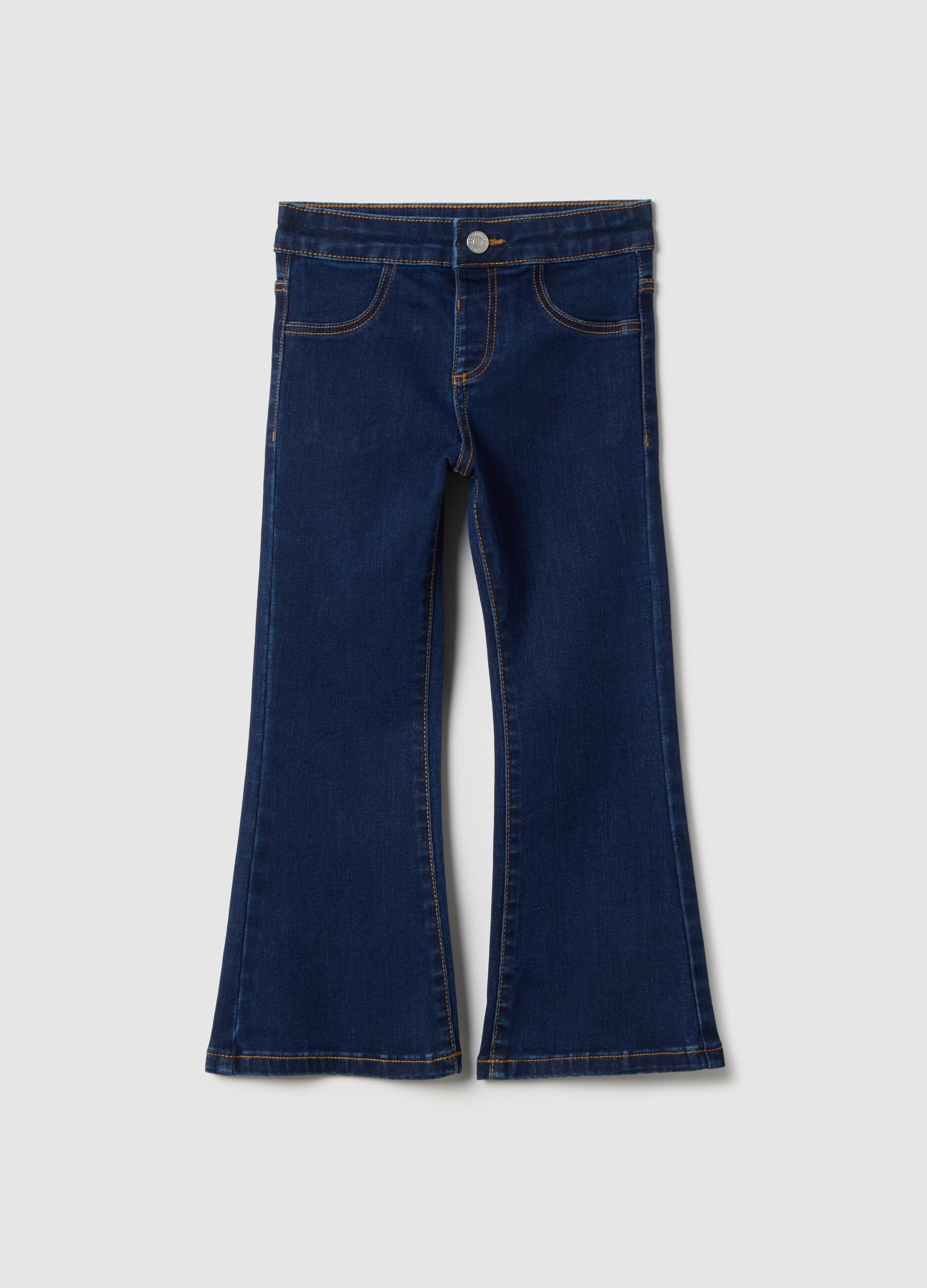 Blue regular fit cotton blend flare jeans for girls