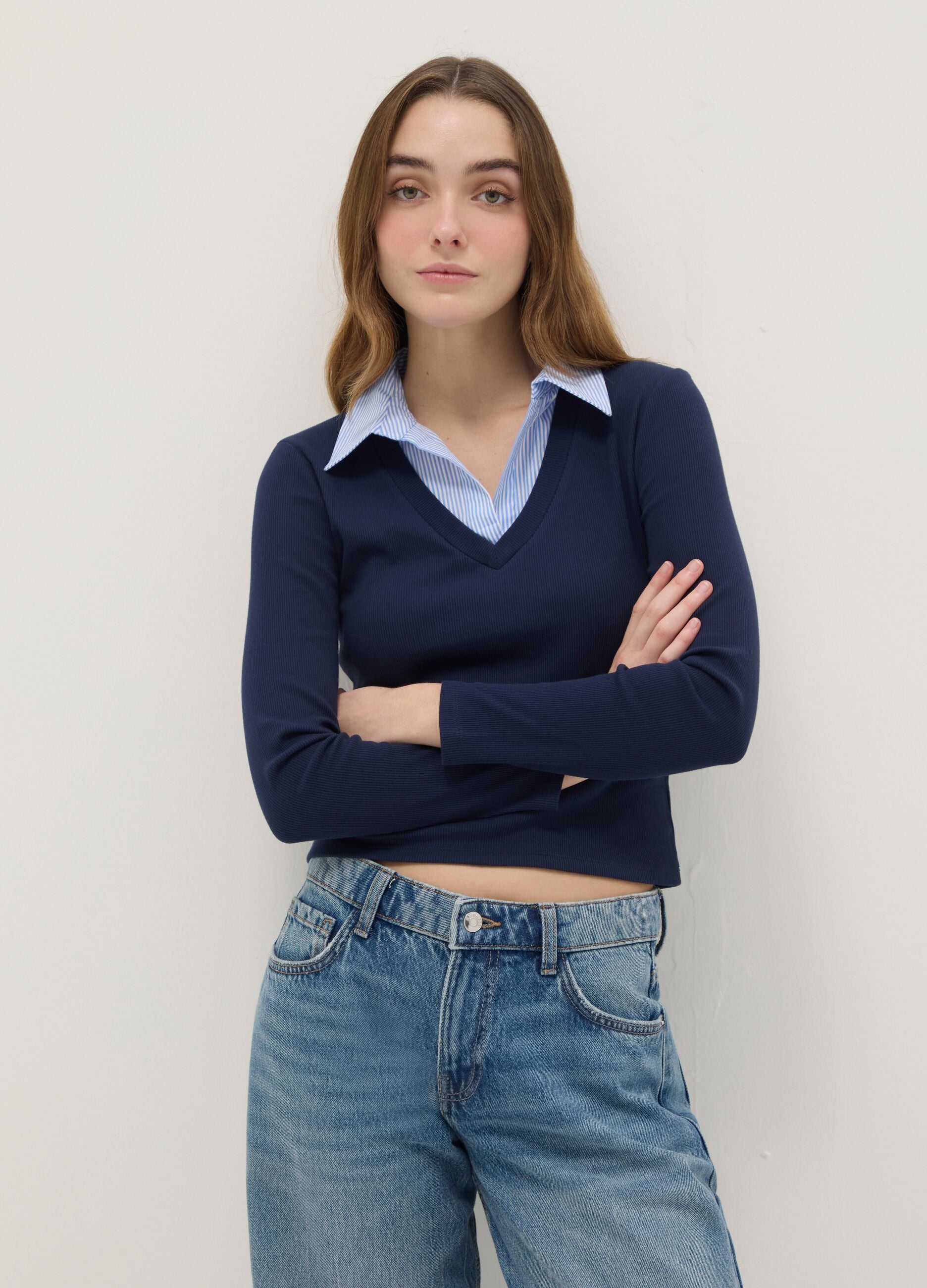 Blue stretch cotton regular fit T-shirt with contrast collar
