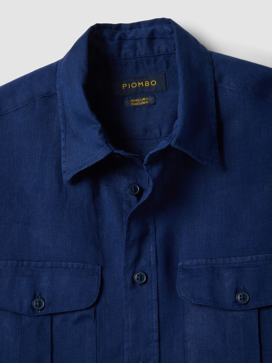 Blue regular-fit pure linen shirt with double pocket_6