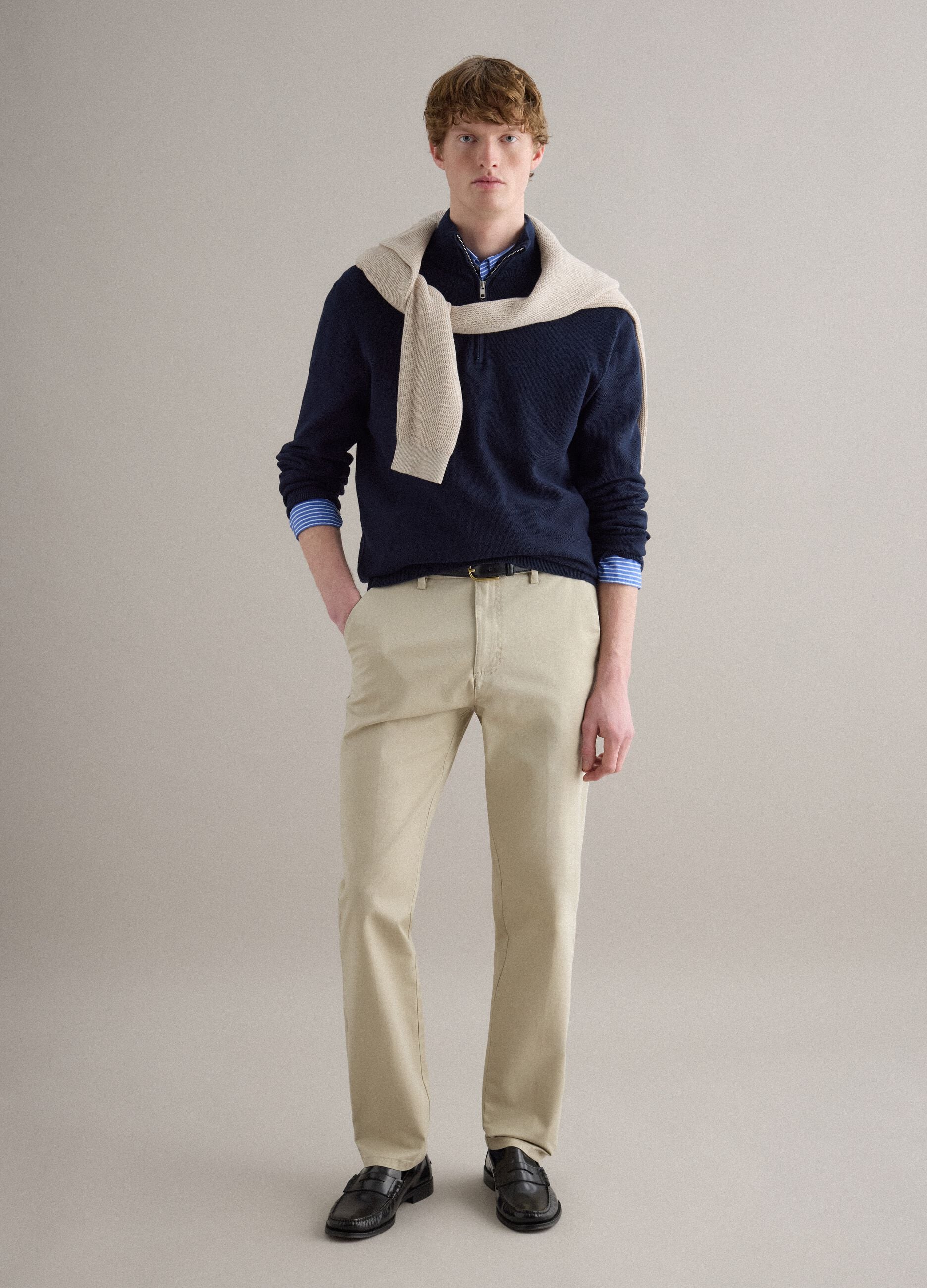 Pure cotton blue regular fit sweater with high neck and zip