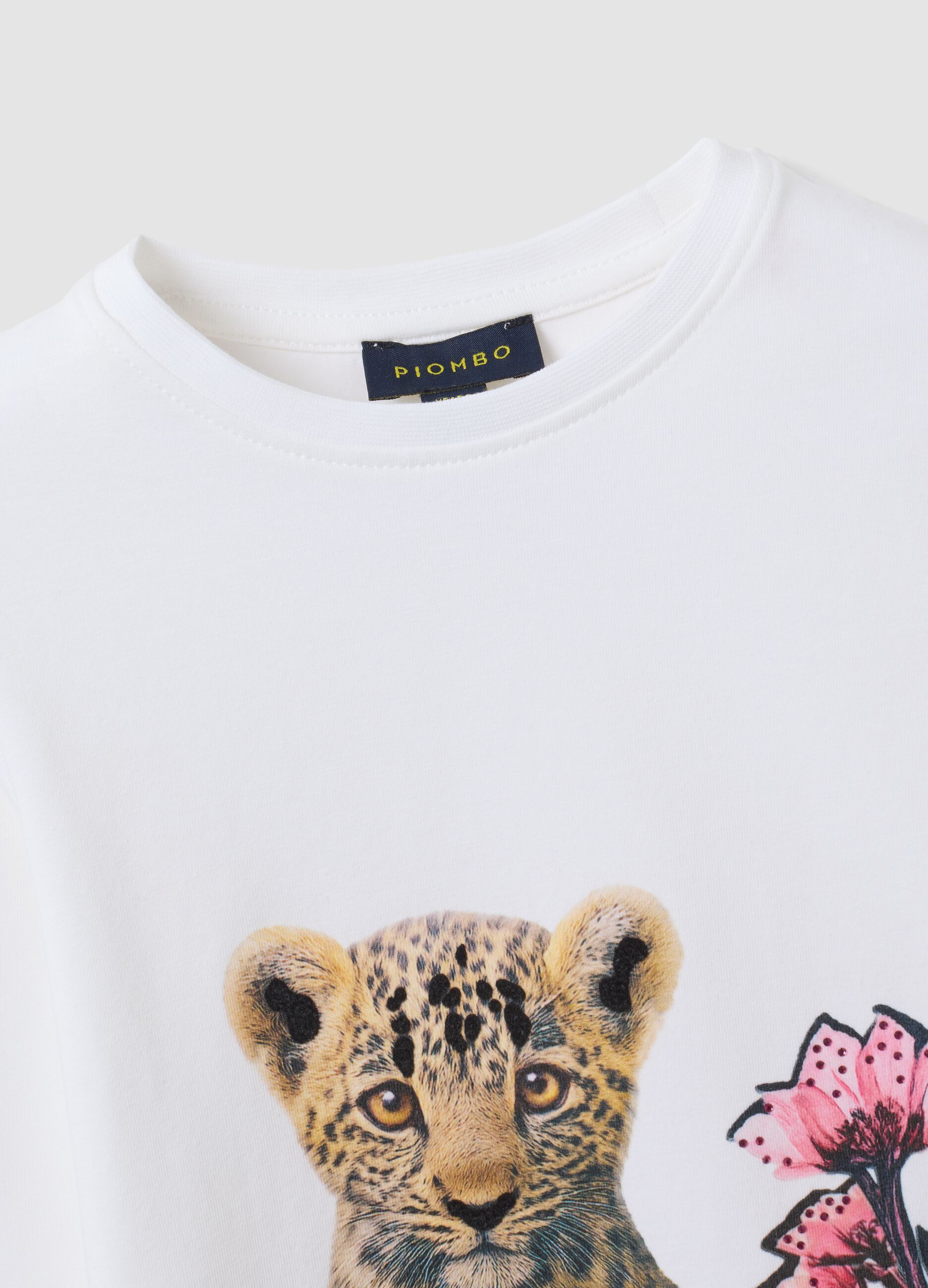 White stretch cotton T-shirt with leopard print for girls