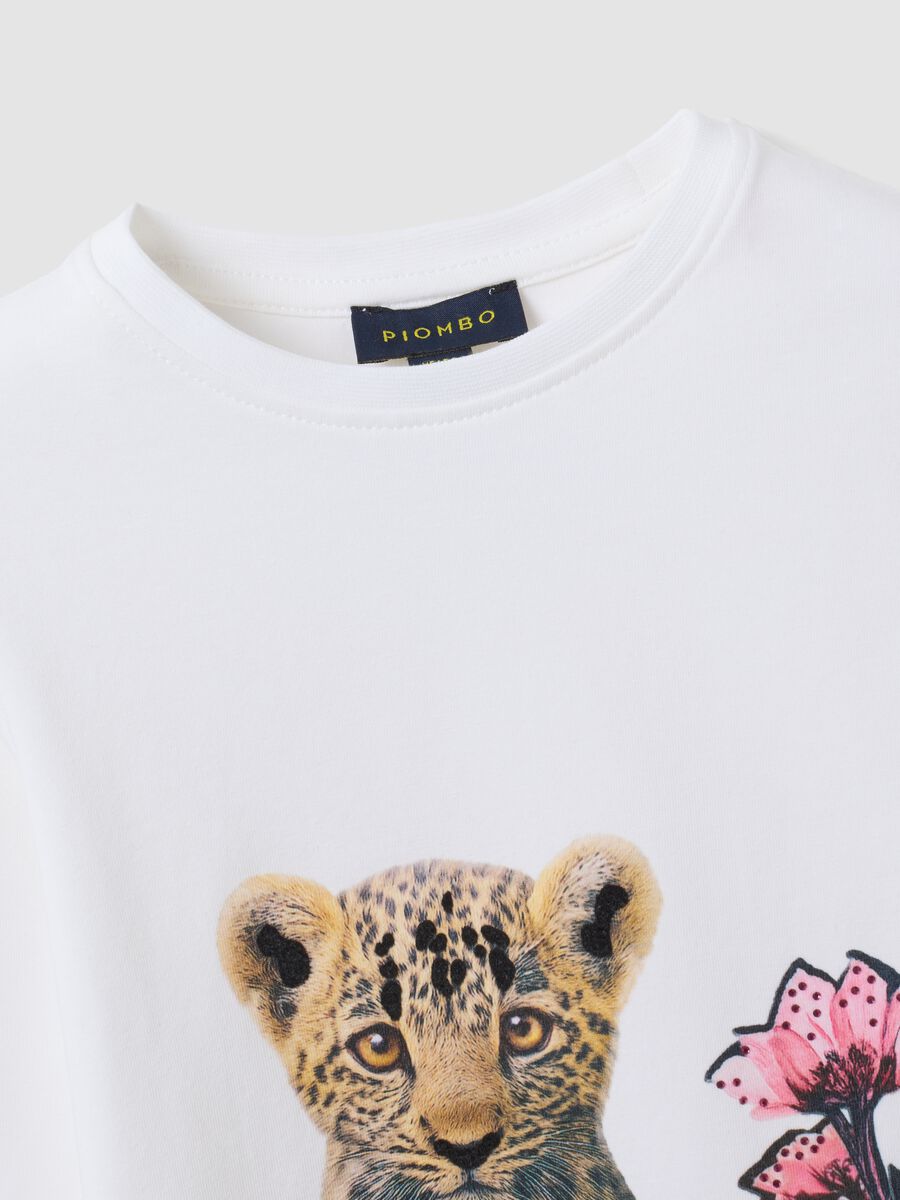 White stretch cotton T-shirt with leopard print for girls_1