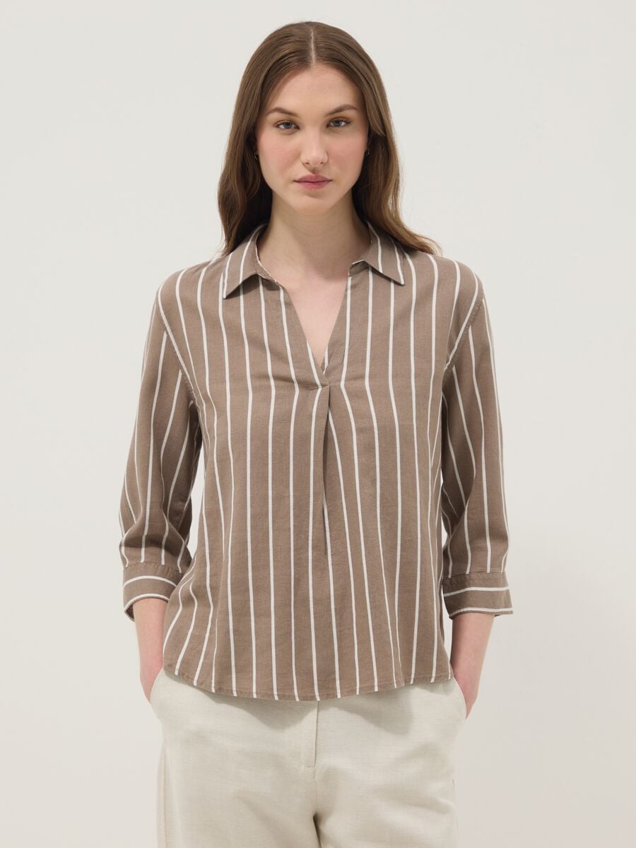 Brown striped linen-viscose blend shirt_0