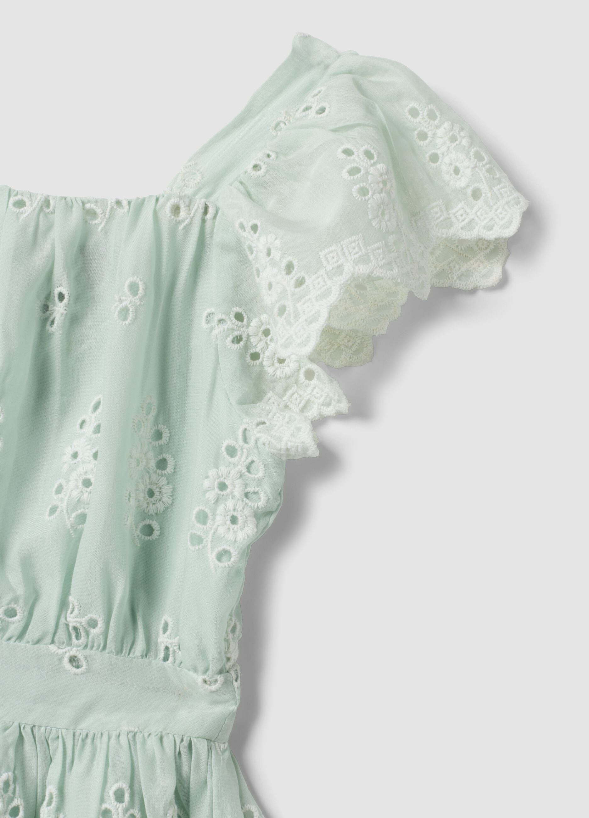 Green broderie anglaise viscose and cotton blend dress for girls, regular fit
