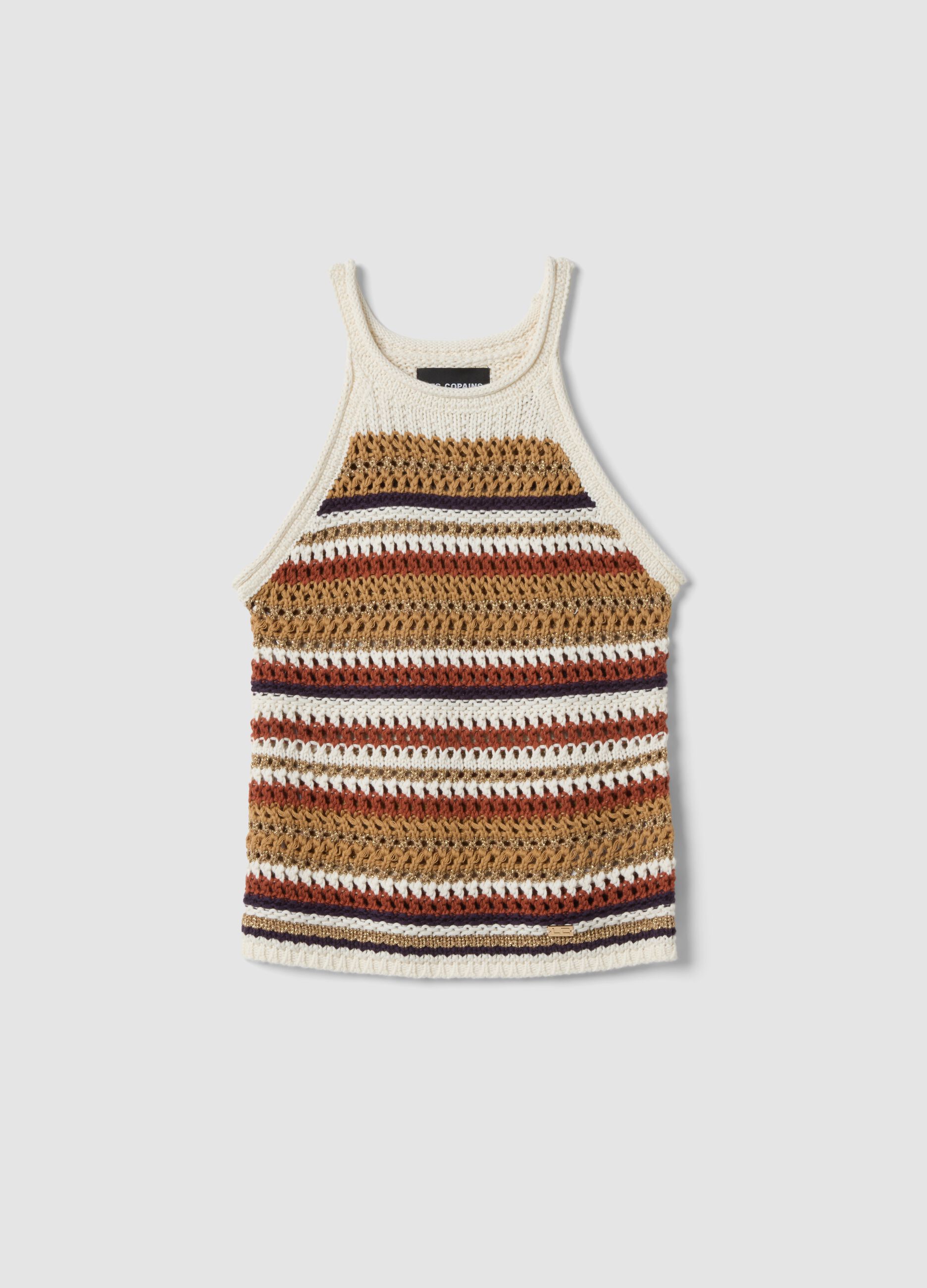 Multicolour striped fitted knitted cotton-blend top