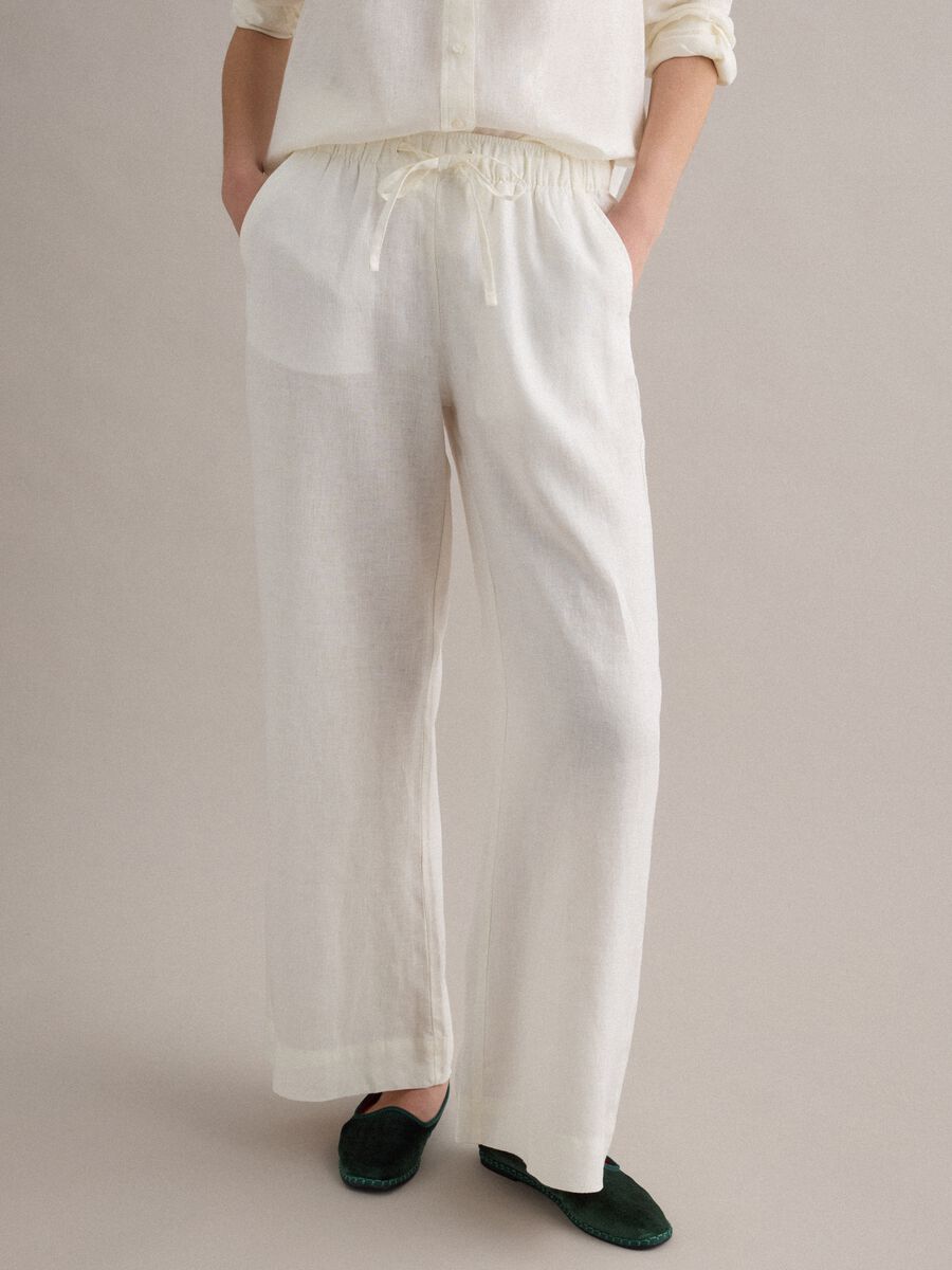 White pure linen straight-fit drawstring trousers_1