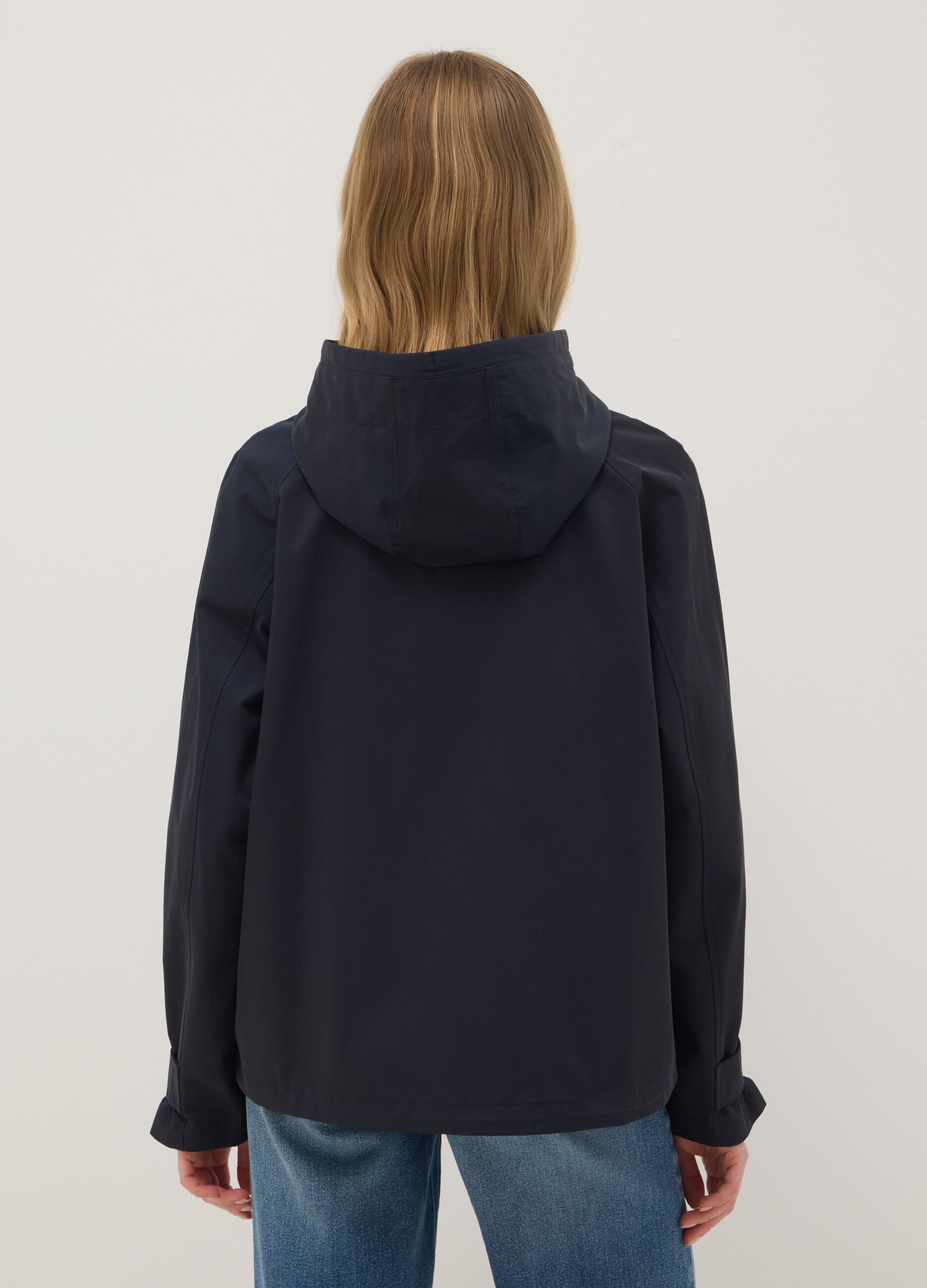 Black regular fit cotton blend jacket with zip and hood