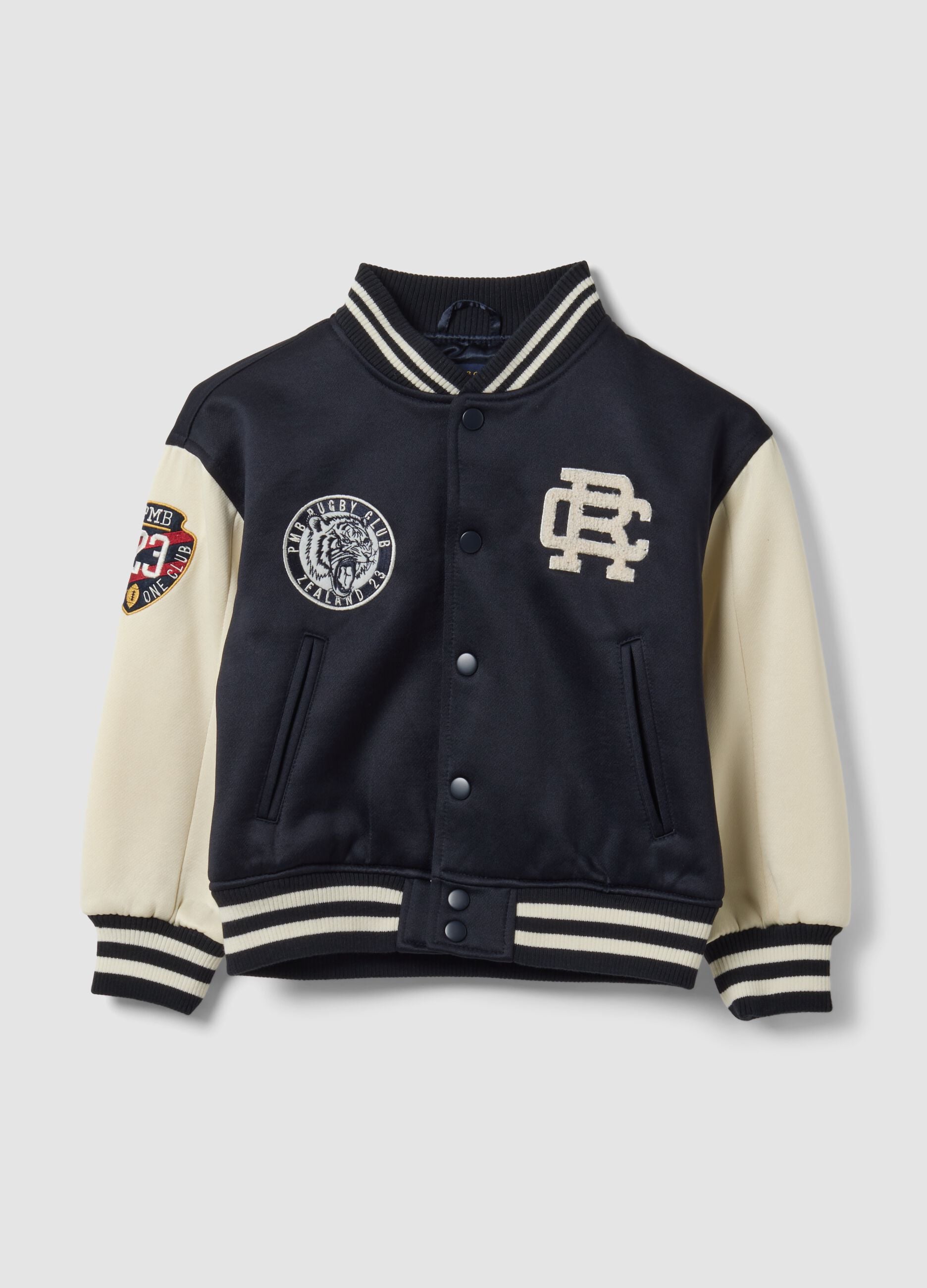 Blue varsity jacket with beige sleeves and print for boys