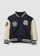 Blue varsity jacket with beige sleeves and print for boys_3
