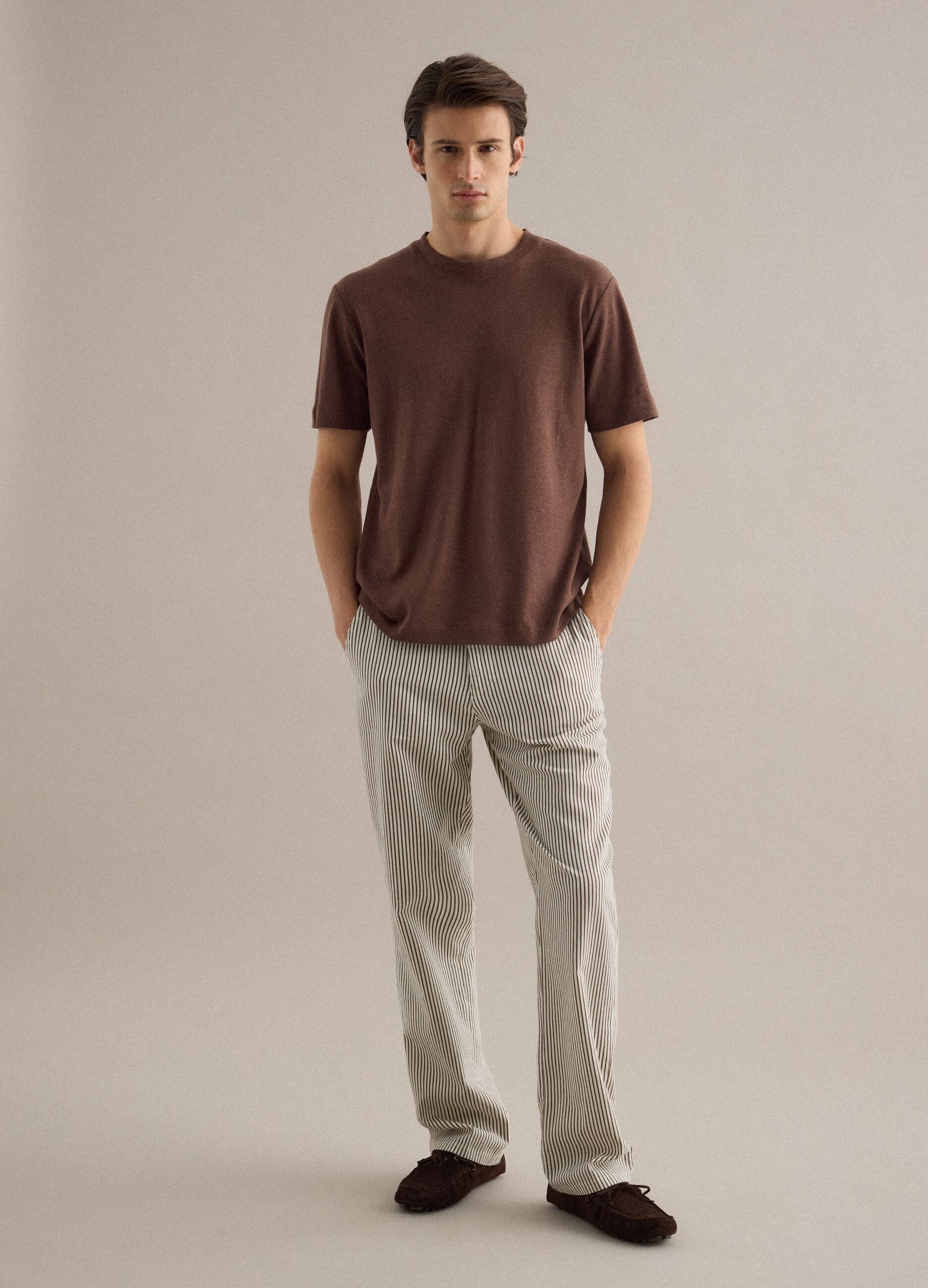 Brown regular fit linen-cotton blend t-shirt