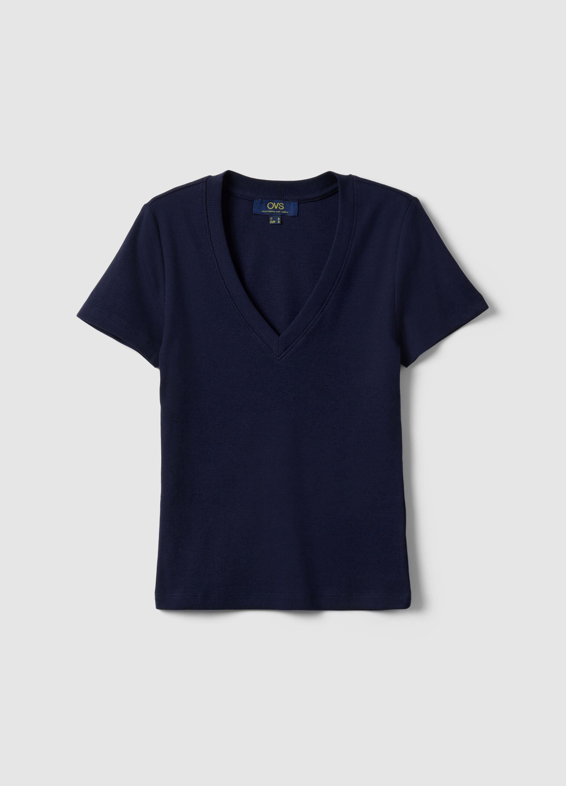 Blue stretch cotton T-shirt with deep V-neck regular fit