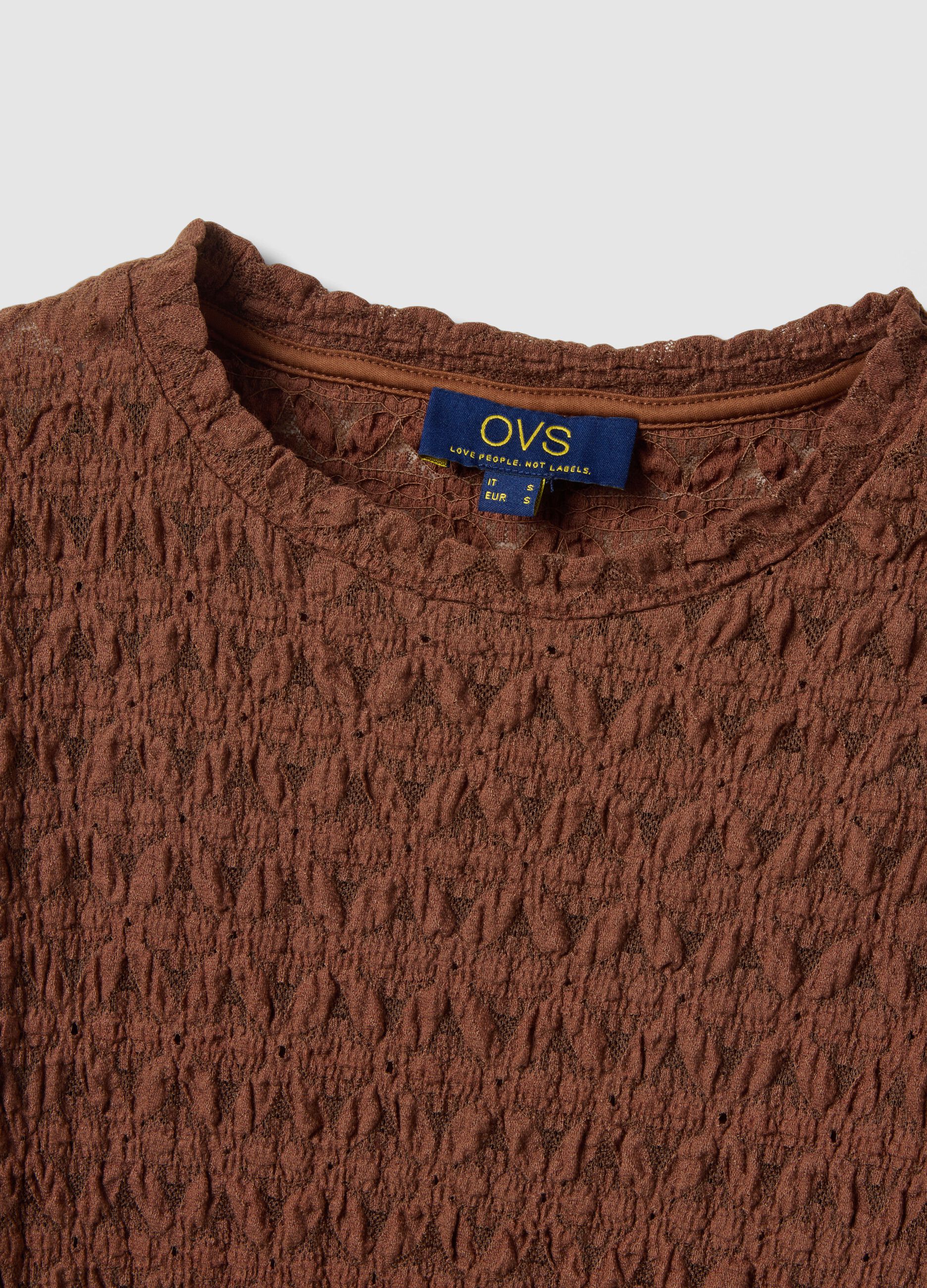 Brown cotton and viscose blend sweater regular fit with knit texture