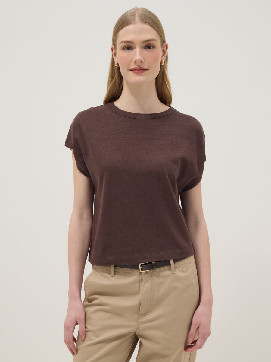Brown cotton-linen blend short-sleeve T-shirt, regular fit_0