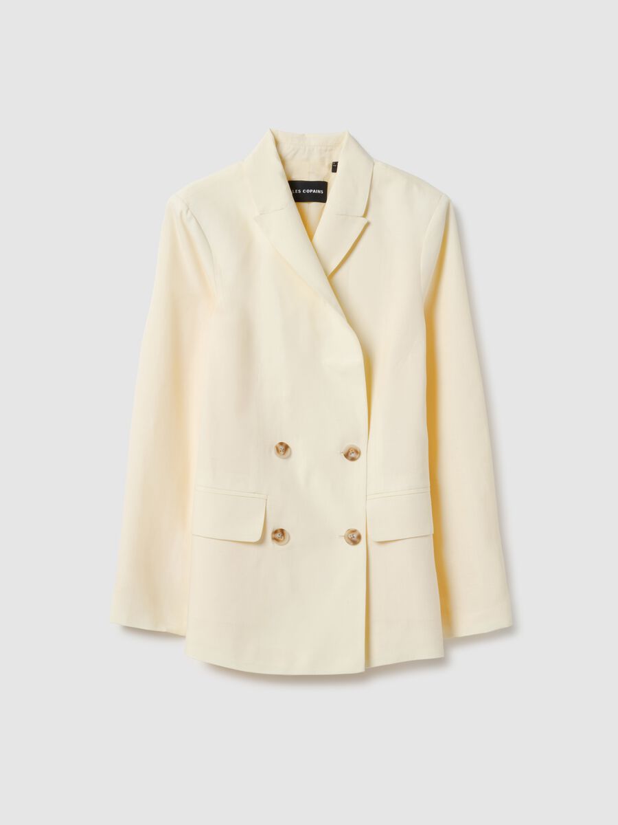 Beige double-breasted Lyocell and linen blazer, regular fit_4