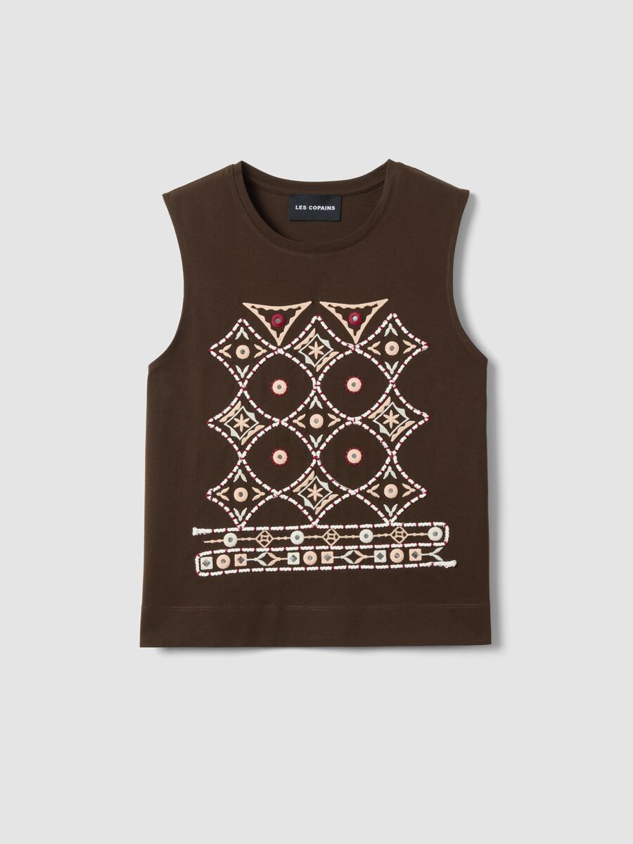 Brown pure cotton regular fit tank top with embroidery_4