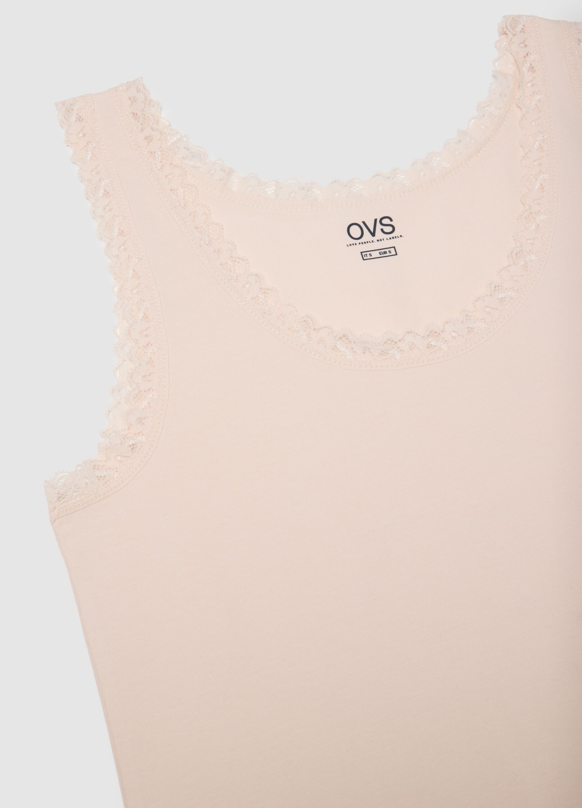Beige regular fit stretch cotton vest with lace trim
