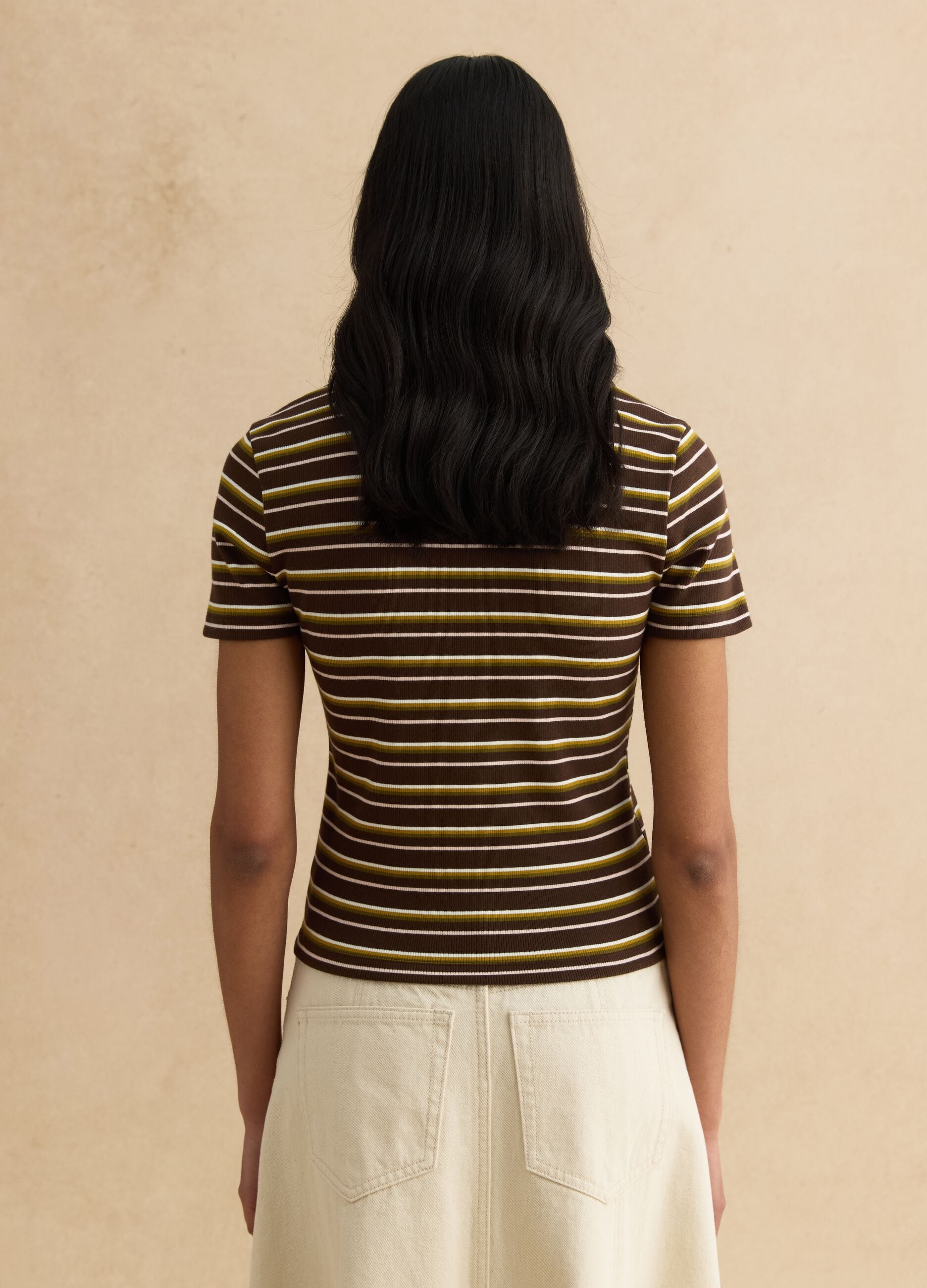Brown striped stretch cotton polo