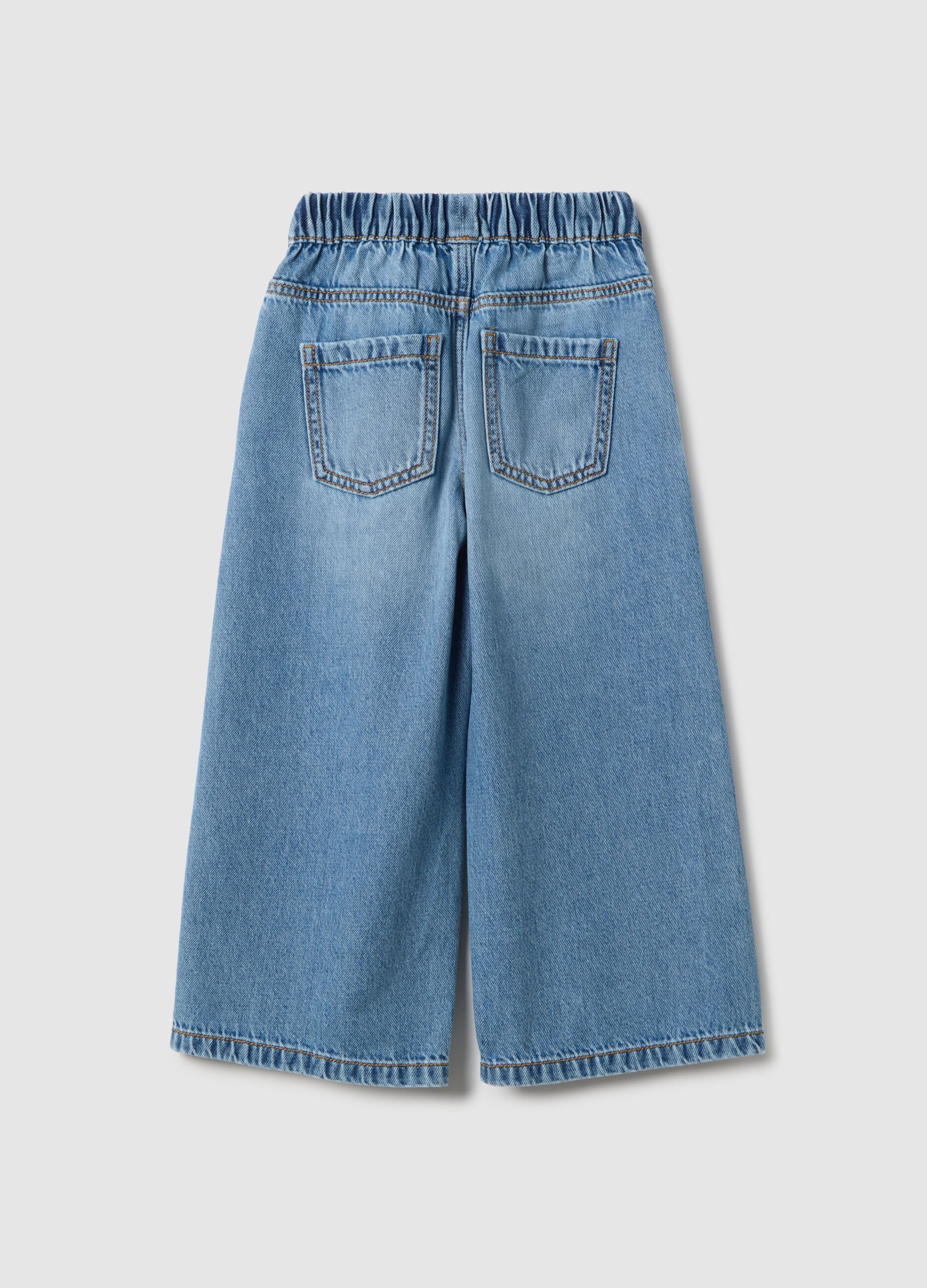 Girls' wide-leg blue pure cotton jeans