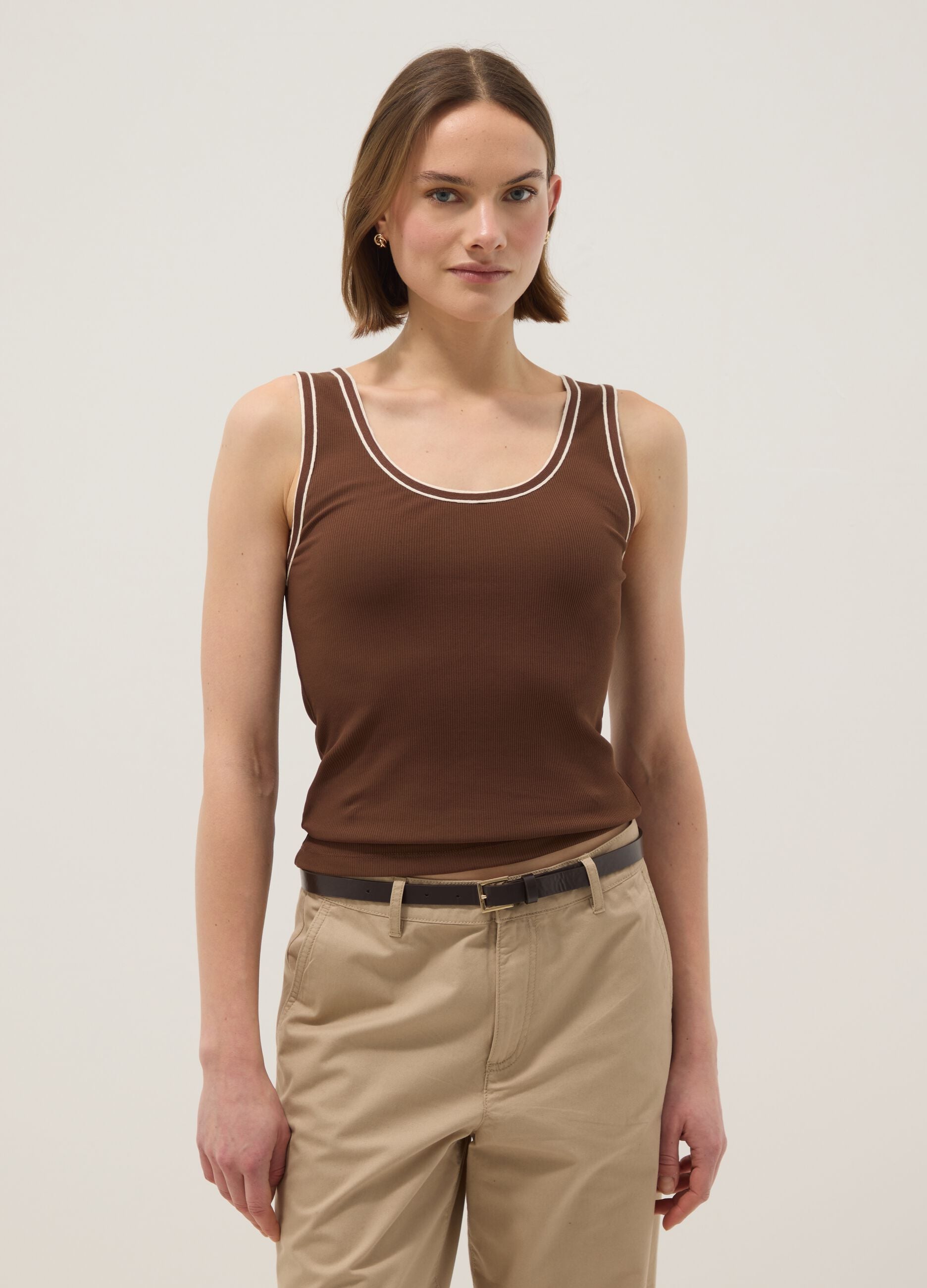 Brown regular-fit stretch cotton tank top with trim