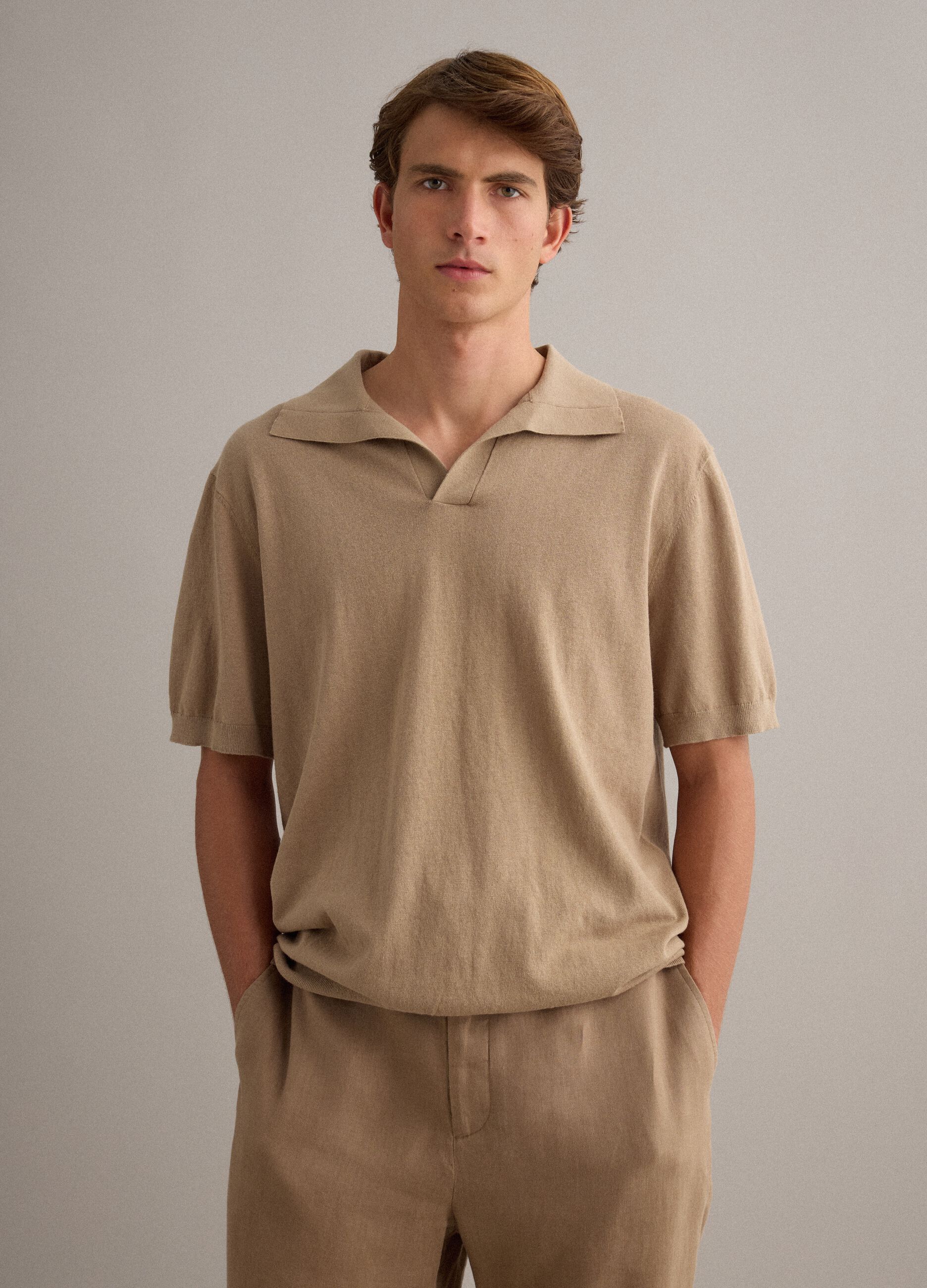 Beige short-sleeve pure cotton polo shirt, regular fit
