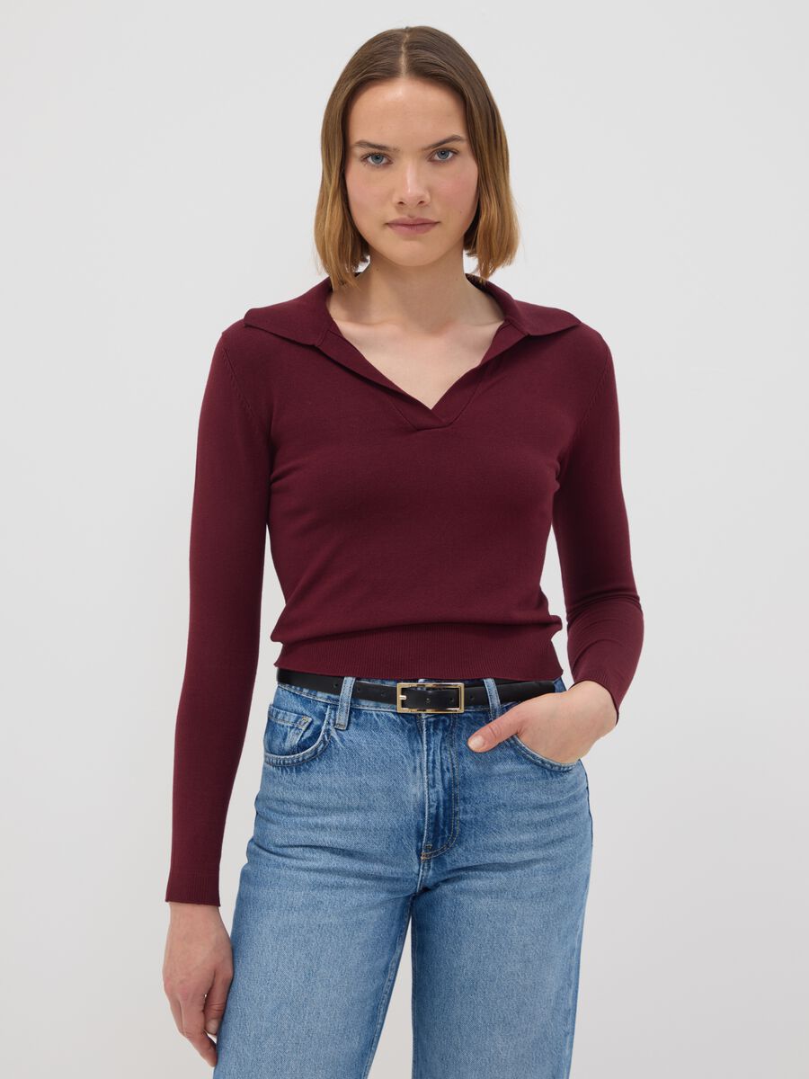 Red viscose-blend polo-collar top, regular fit_1