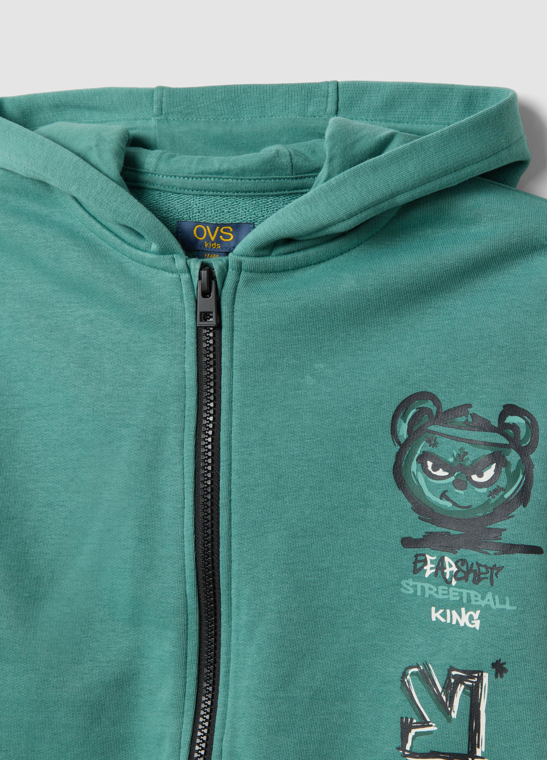 Green cotton-blend jogging set with hooded sweatshirt for boys
