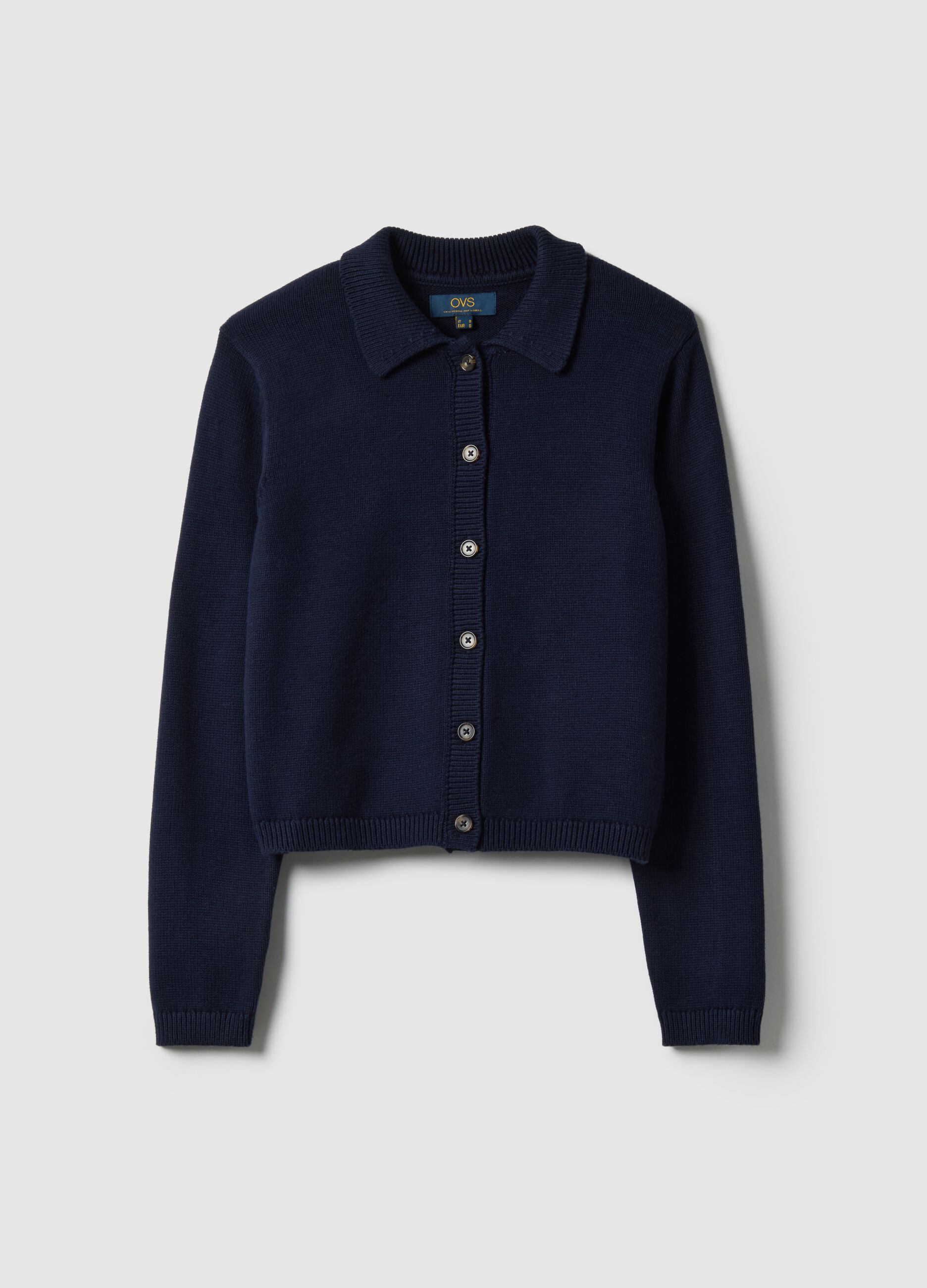 Blue cardigan with polo collar in pure cotton regular fit