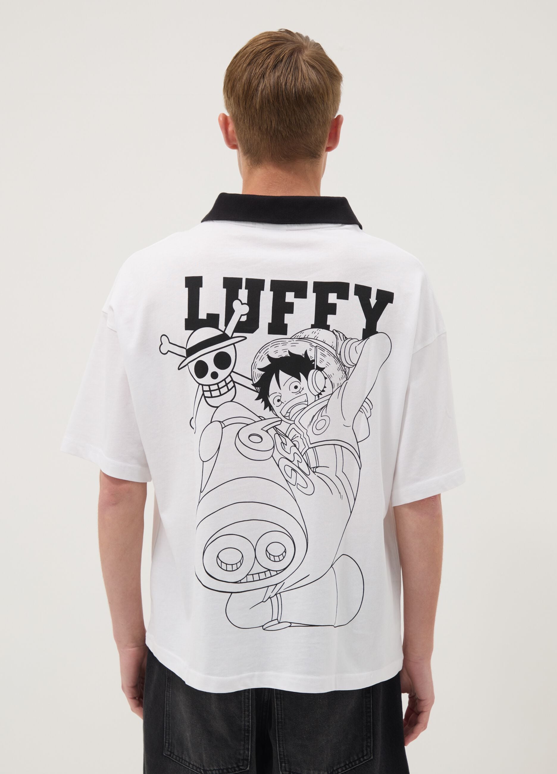White pure-cotton T-shirt with contrast collar and One Piece print
