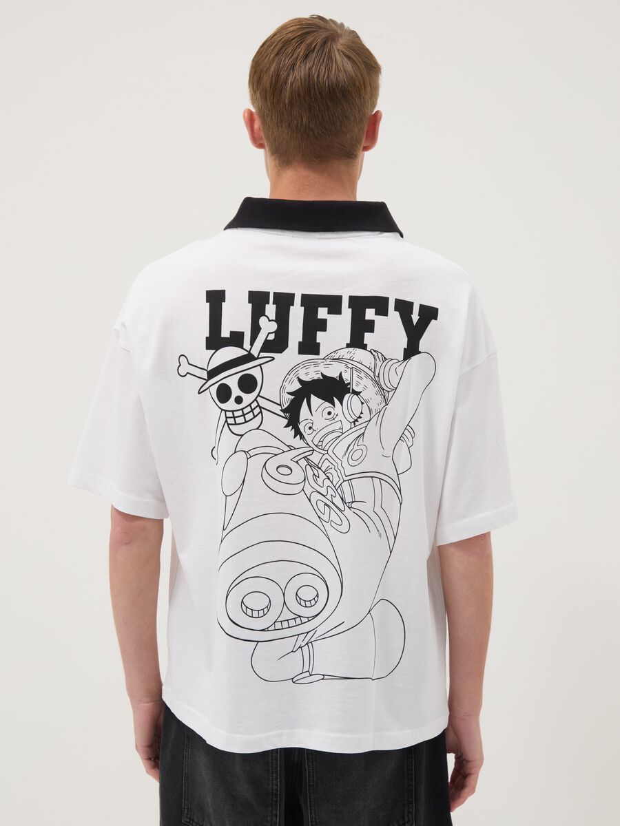 White pure-cotton T-shirt with contrast collar and One Piece print_3