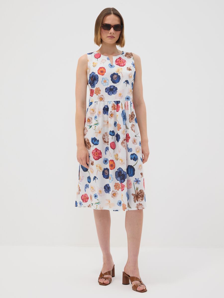 White sleeveless floral stretch-cotton dress, regular fit_1