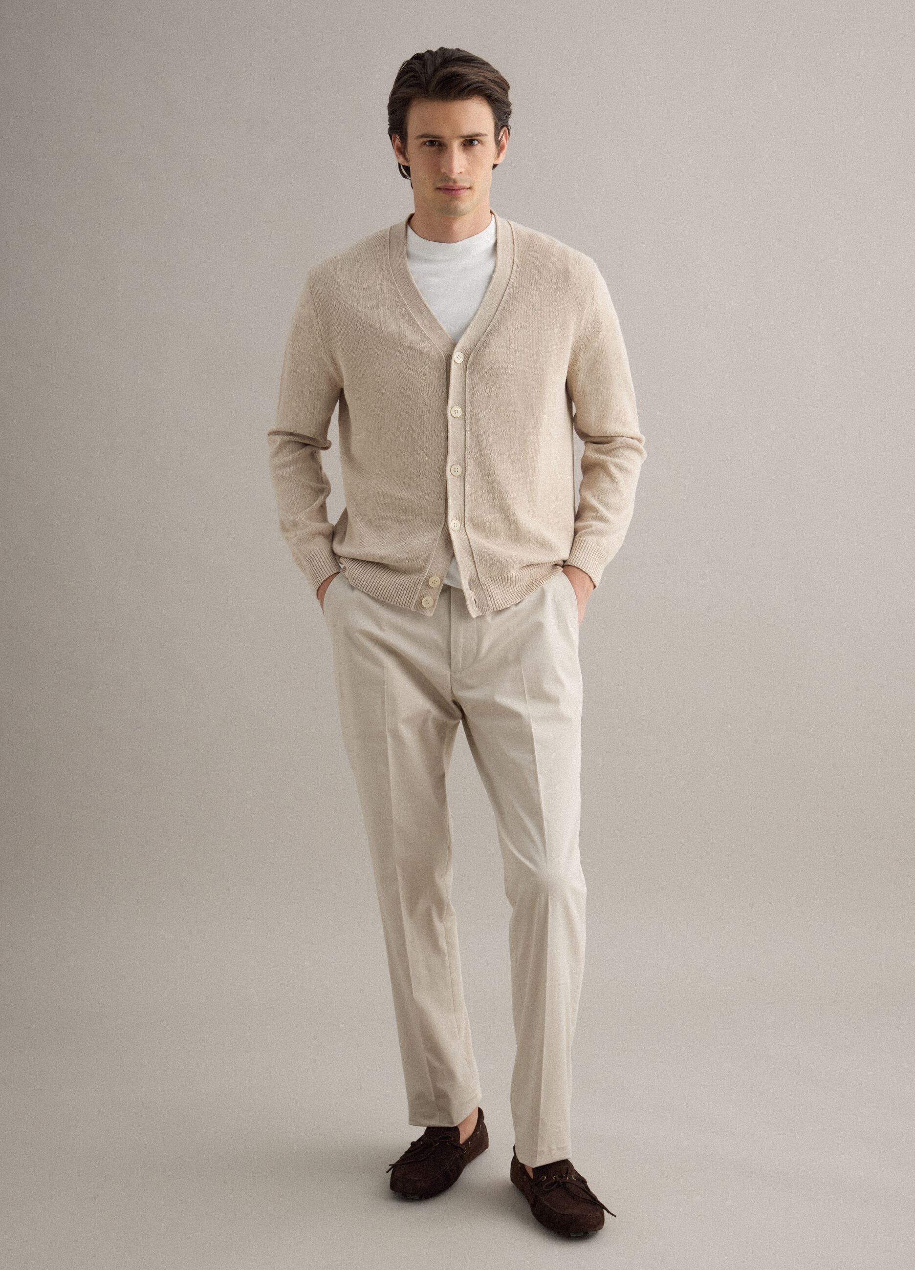 Beige deep V regular fit cotton and linen blend cardigan