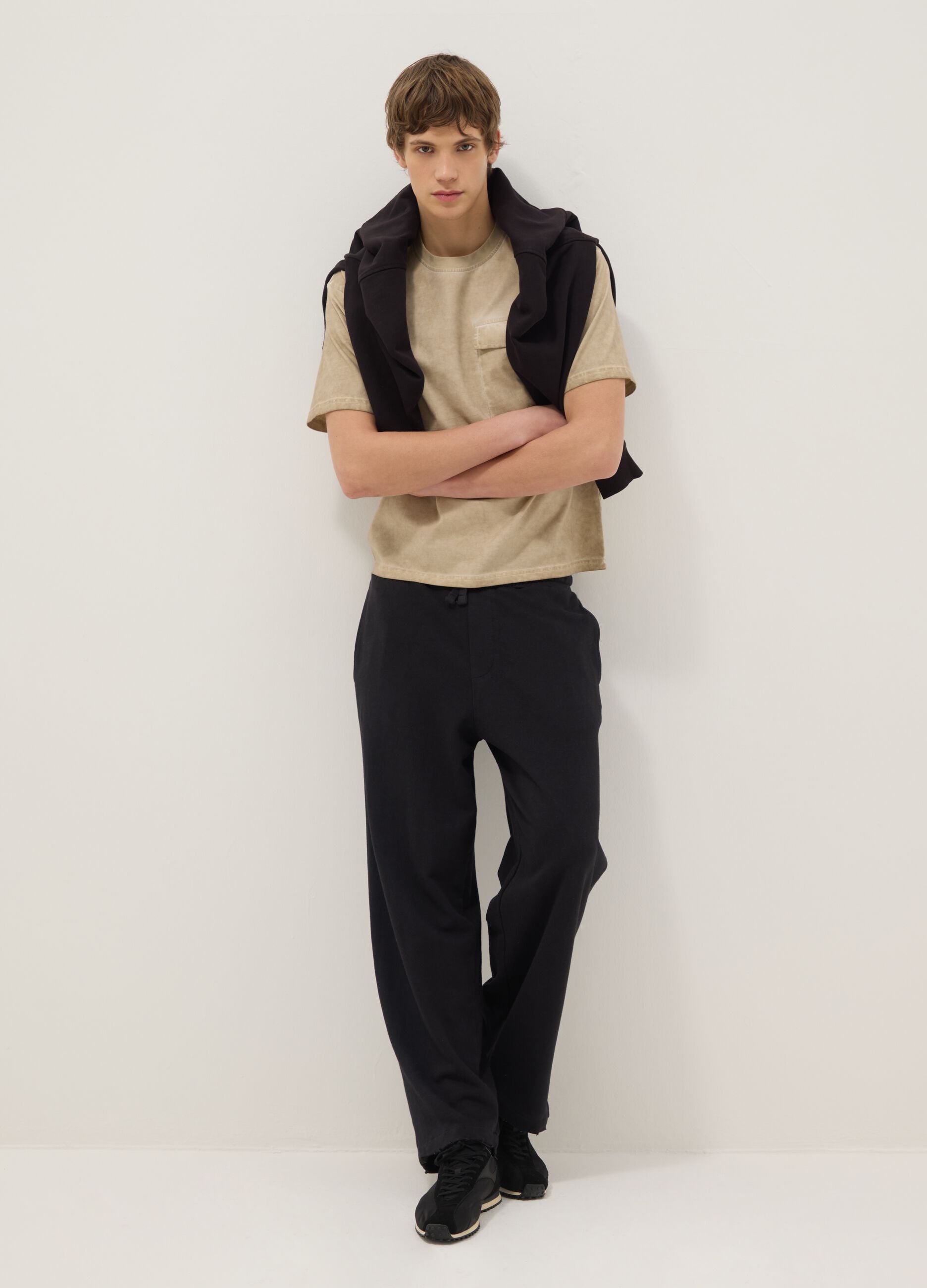 Beige pure cotton regular fit t-shirt with pocket